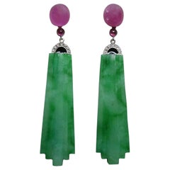 Art Deco Style Engraved Burma Jade Enamel Ruby Gold Diamonds Dangle Earrings