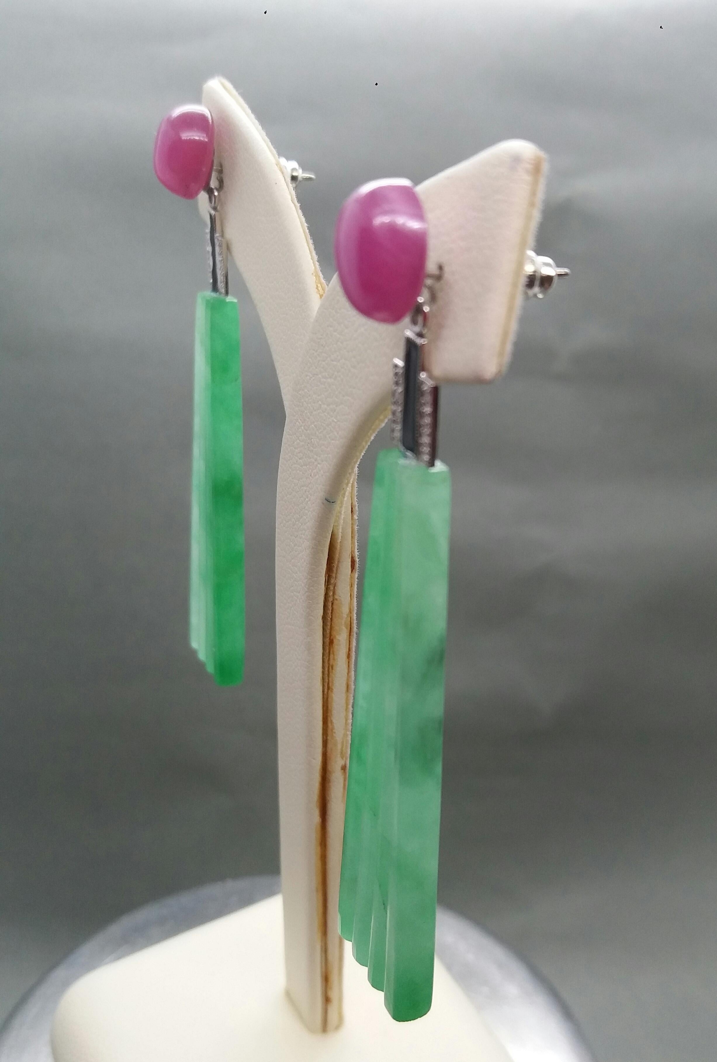 Art Deco Style Engraved Burma Jade Enamel Ruby Gold Diamonds Trapeze Earrings For Sale 3