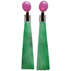 Art Deco Style Engraved Burma Jade Enamel Ruby Gold Diamonds Trapeze Earrings