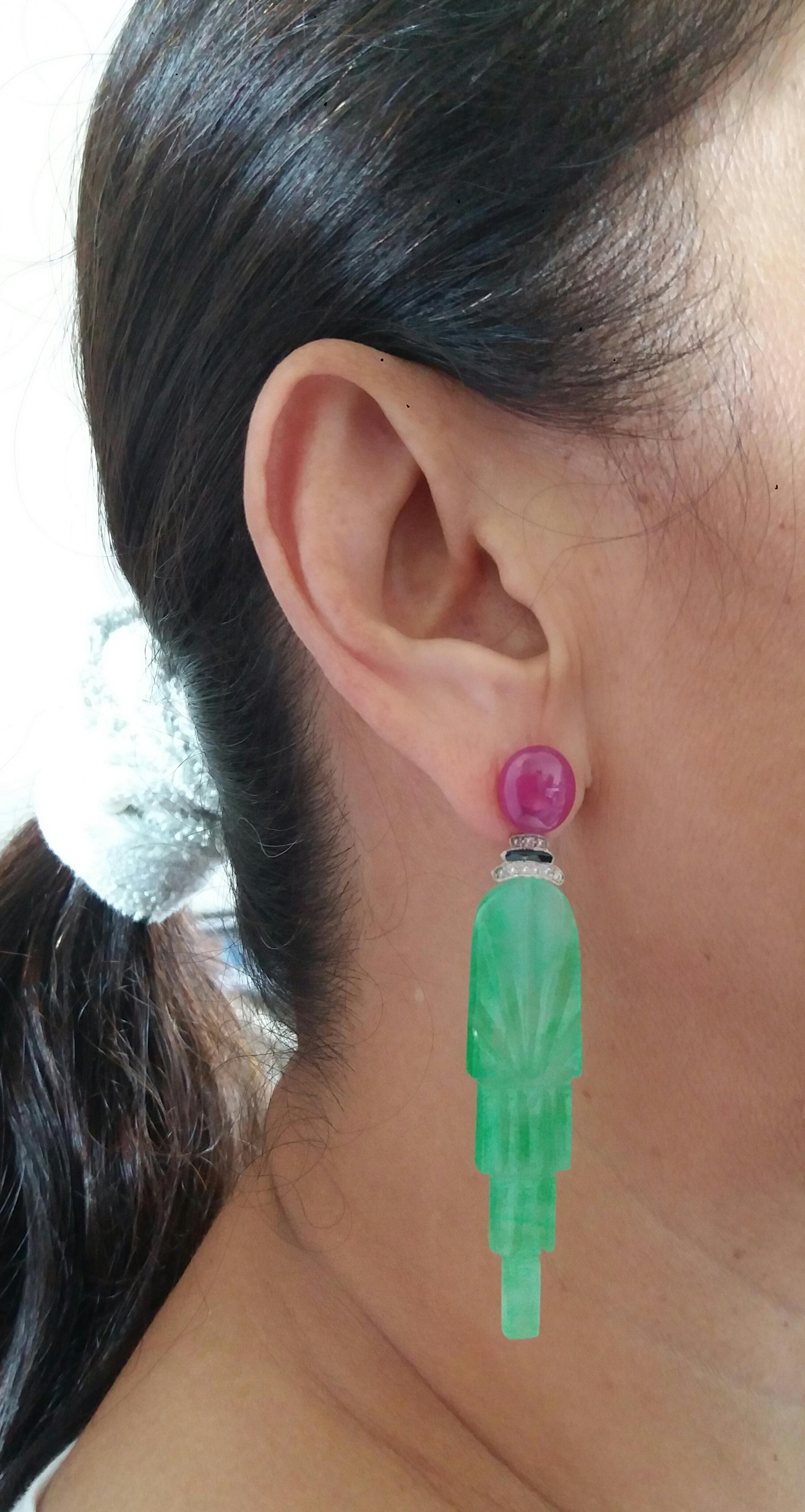 Art Deco Style Engraved Jade Black Enamel Rubies Gold Diamonds Dangle Earrings For Sale 5