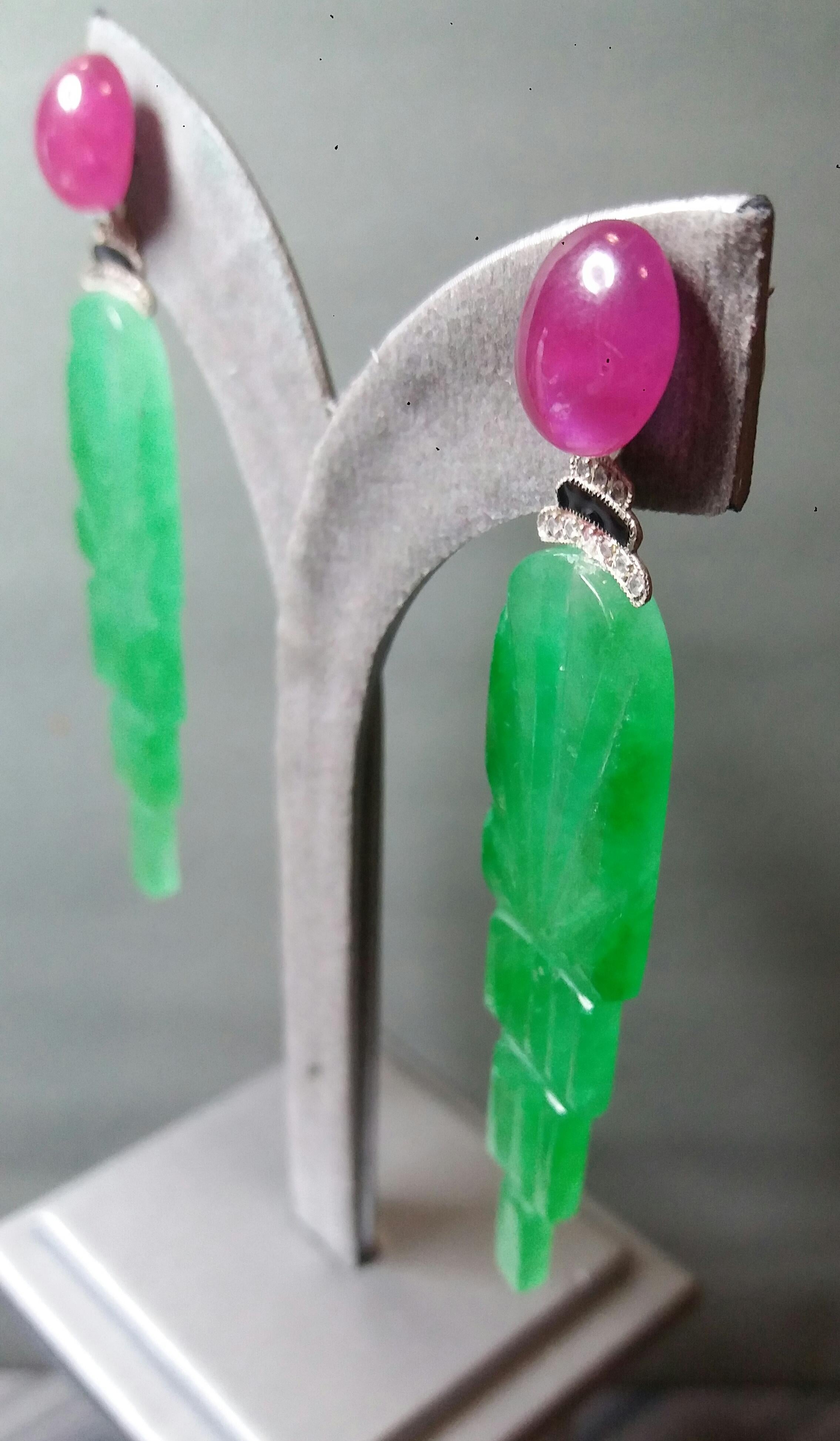 Art Deco Style Engraved Jade Black Enamel Rubies Gold Diamonds Dangle Earrings For Sale 6