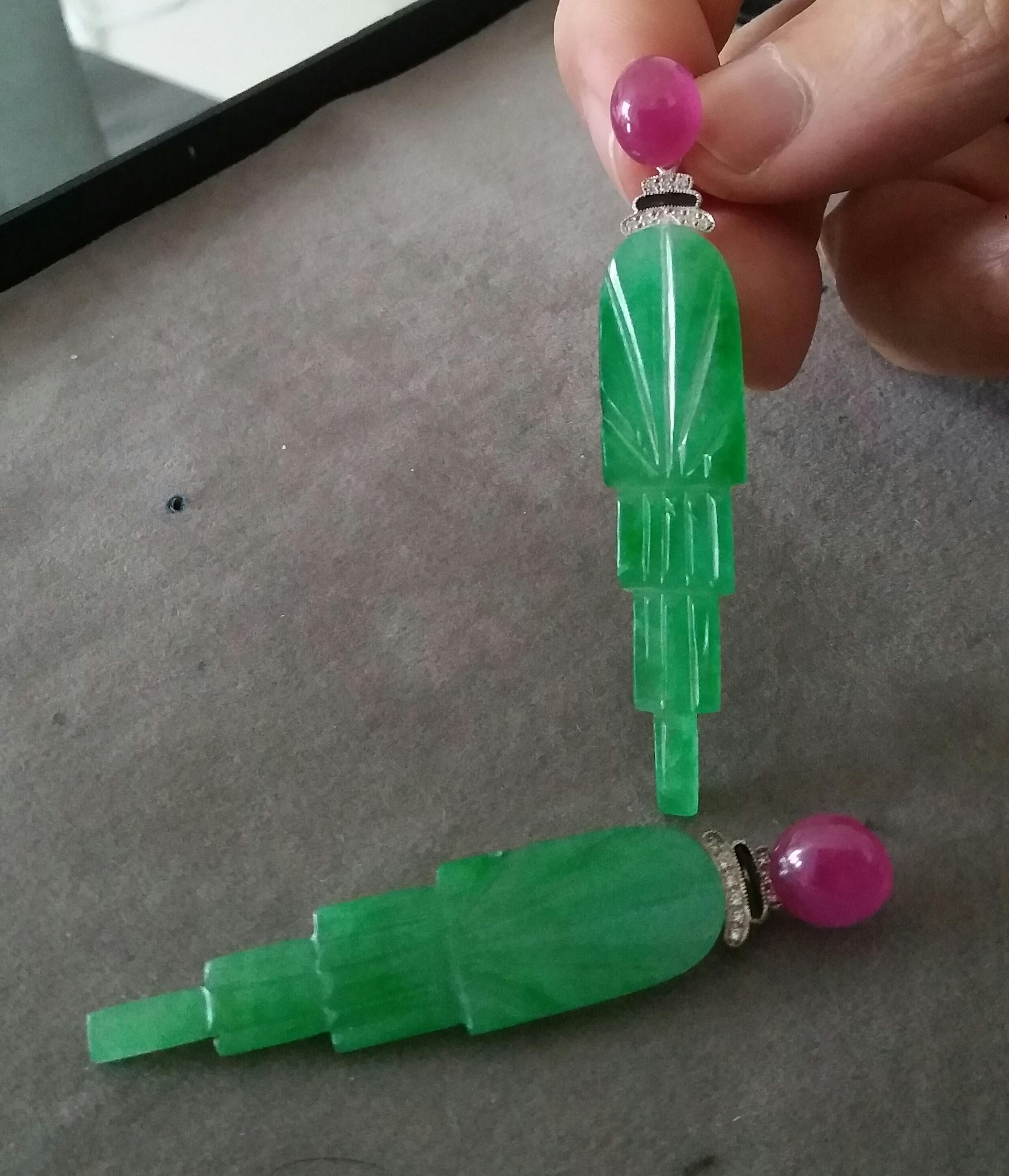 Women's Art Deco Style Engraved Jade Black Enamel Rubies Gold Diamonds Dangle Earrings For Sale