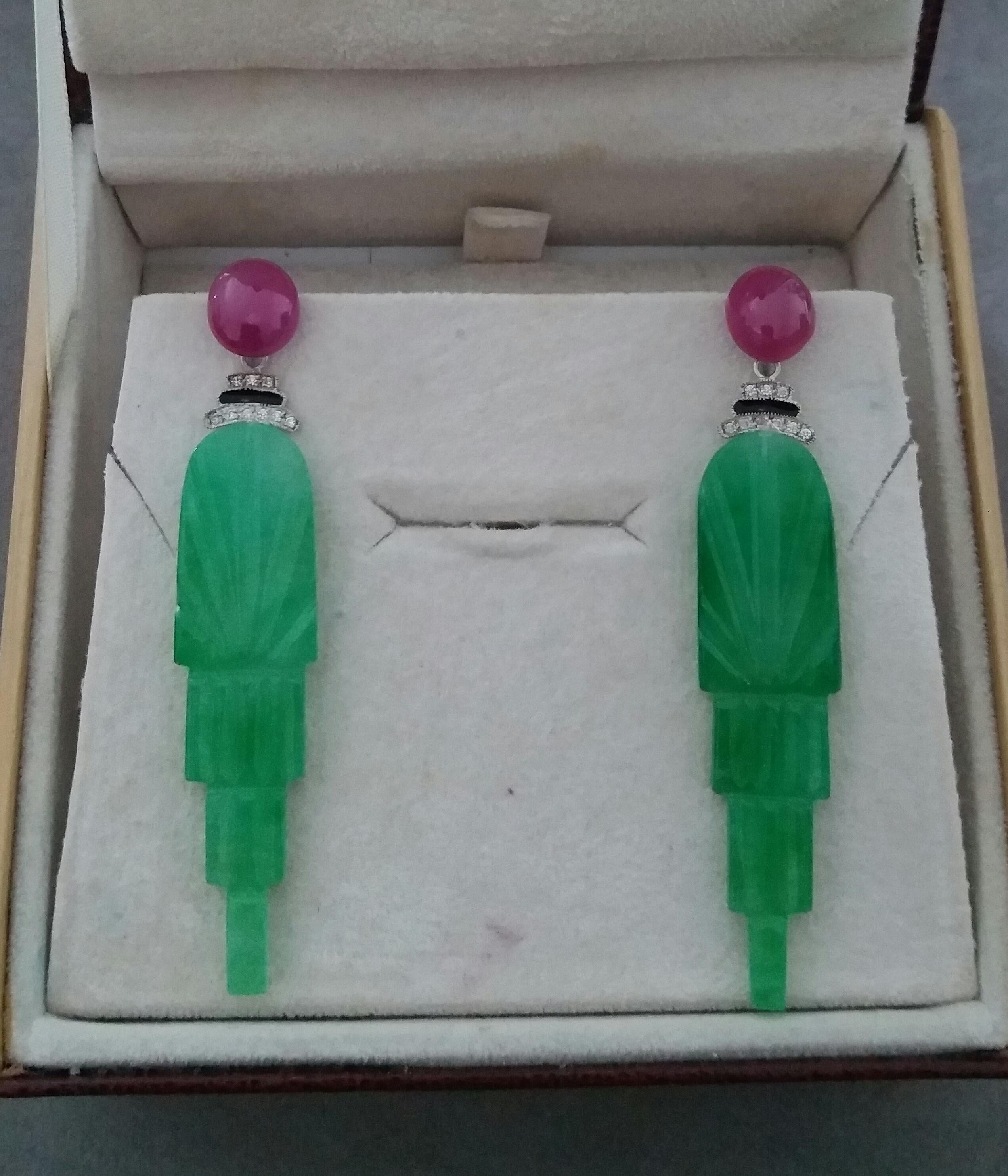 Art Deco Style Engraved Jade Black Enamel Rubies Gold Diamonds Dangle Earrings For Sale 1