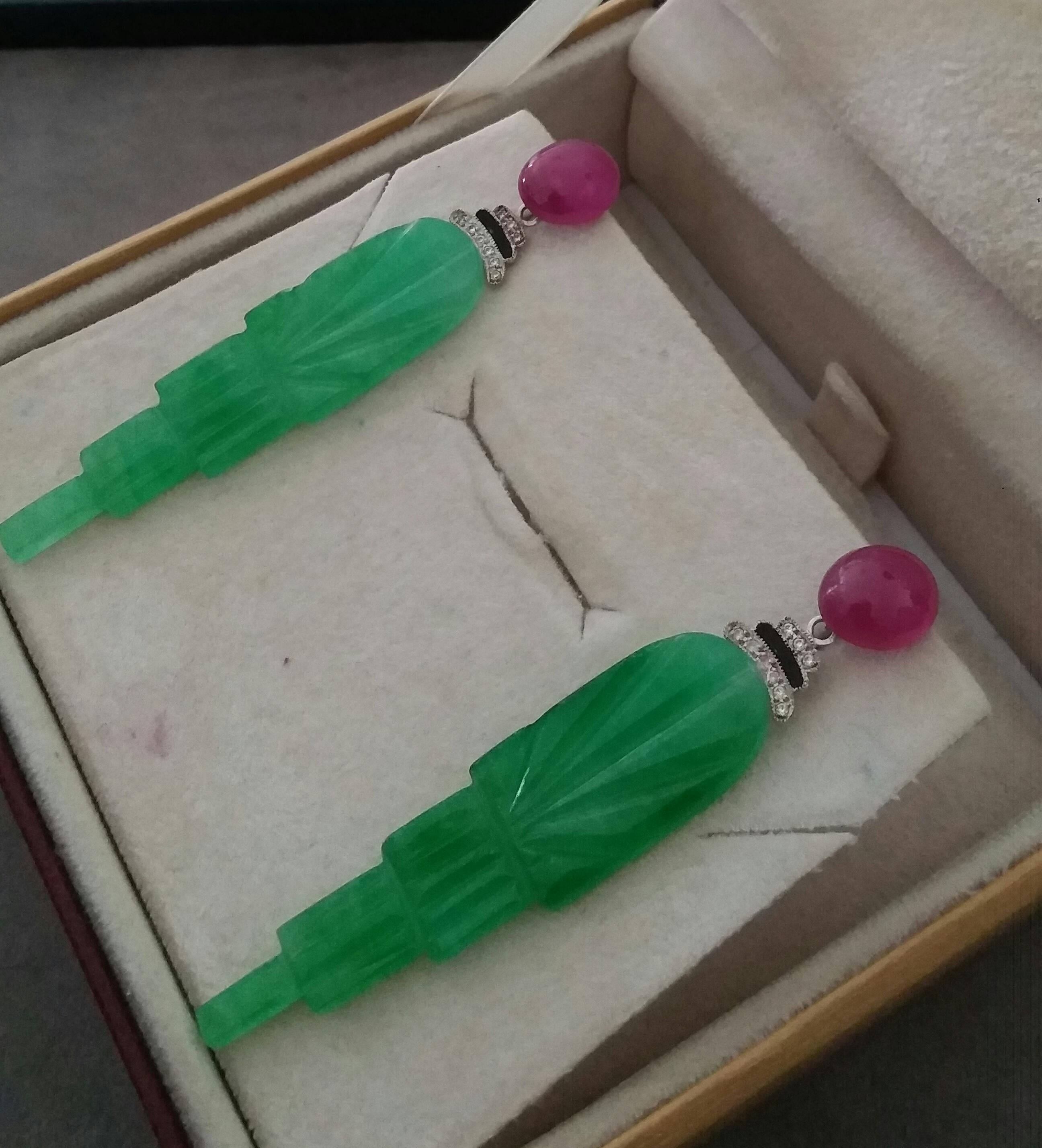 Art Deco Style Engraved Jade Black Enamel Rubies Gold Diamonds Dangle Earrings For Sale 2