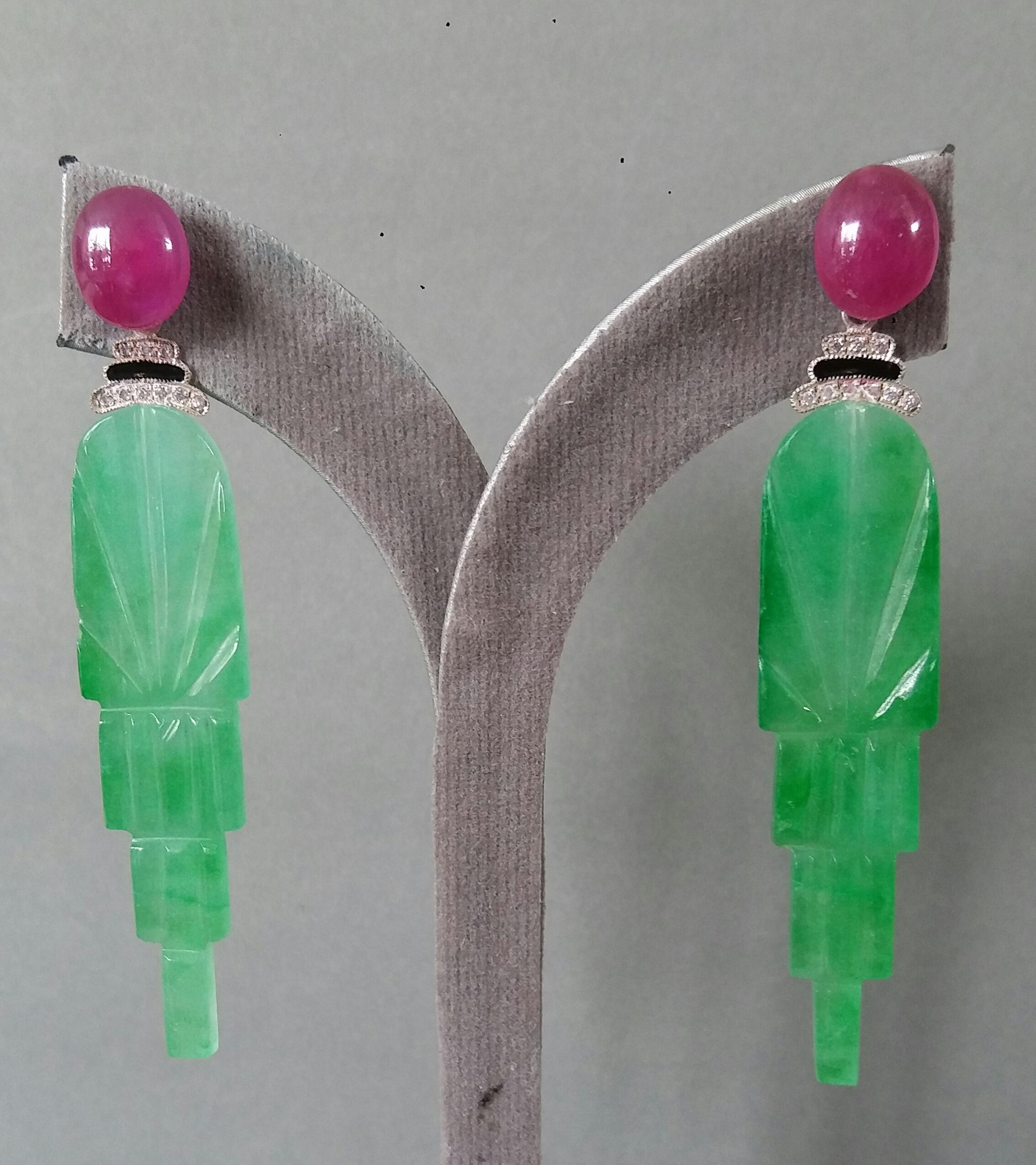 Art Deco Style Engraved Jade Black Enamel Rubies Gold Diamonds Dangle Earrings For Sale 3