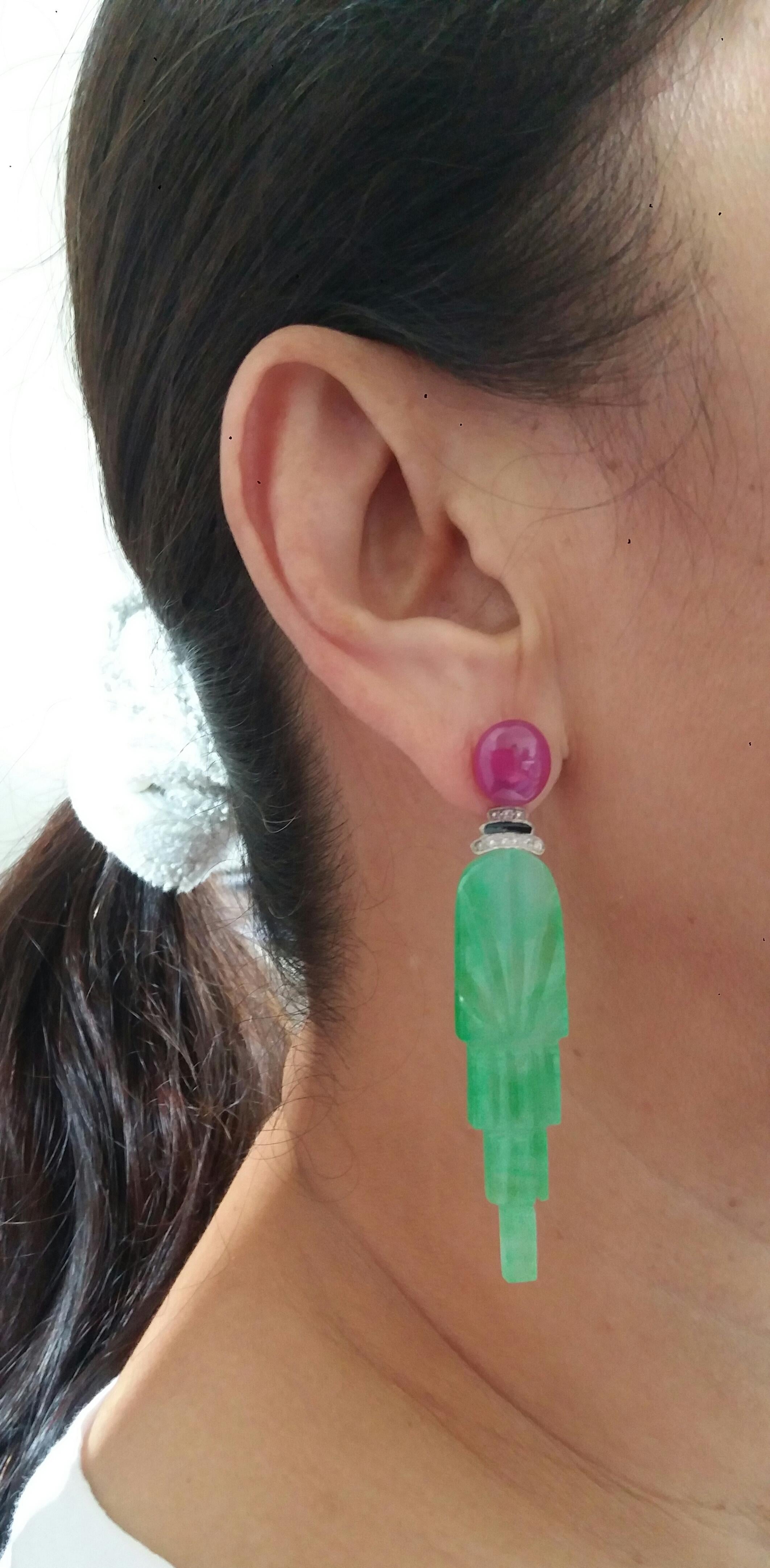 Art Deco Style Engraved Jade Black Enamel Rubies Gold Diamonds Dangle Earrings For Sale 4