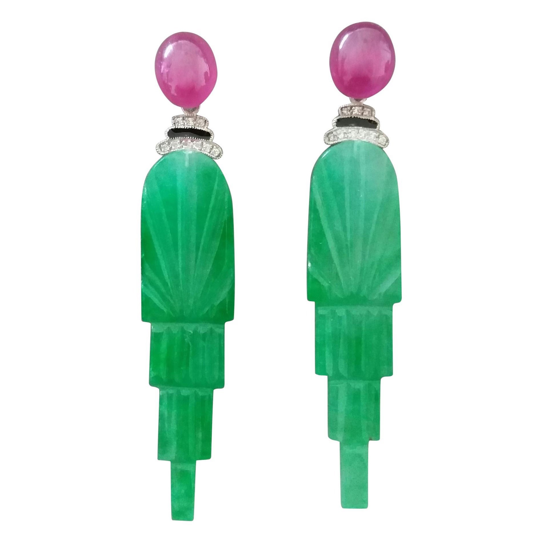 Art Deco Style Engraved Jade Black Enamel Rubies Gold Diamonds Dangle Earrings For Sale