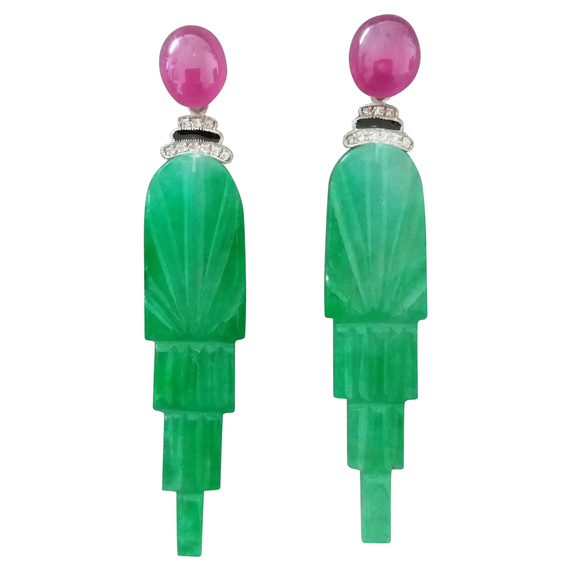 Art Deco Style Engraved Jade Black Enamel Rubies Gold Diamonds Dangle Earrings For Sale