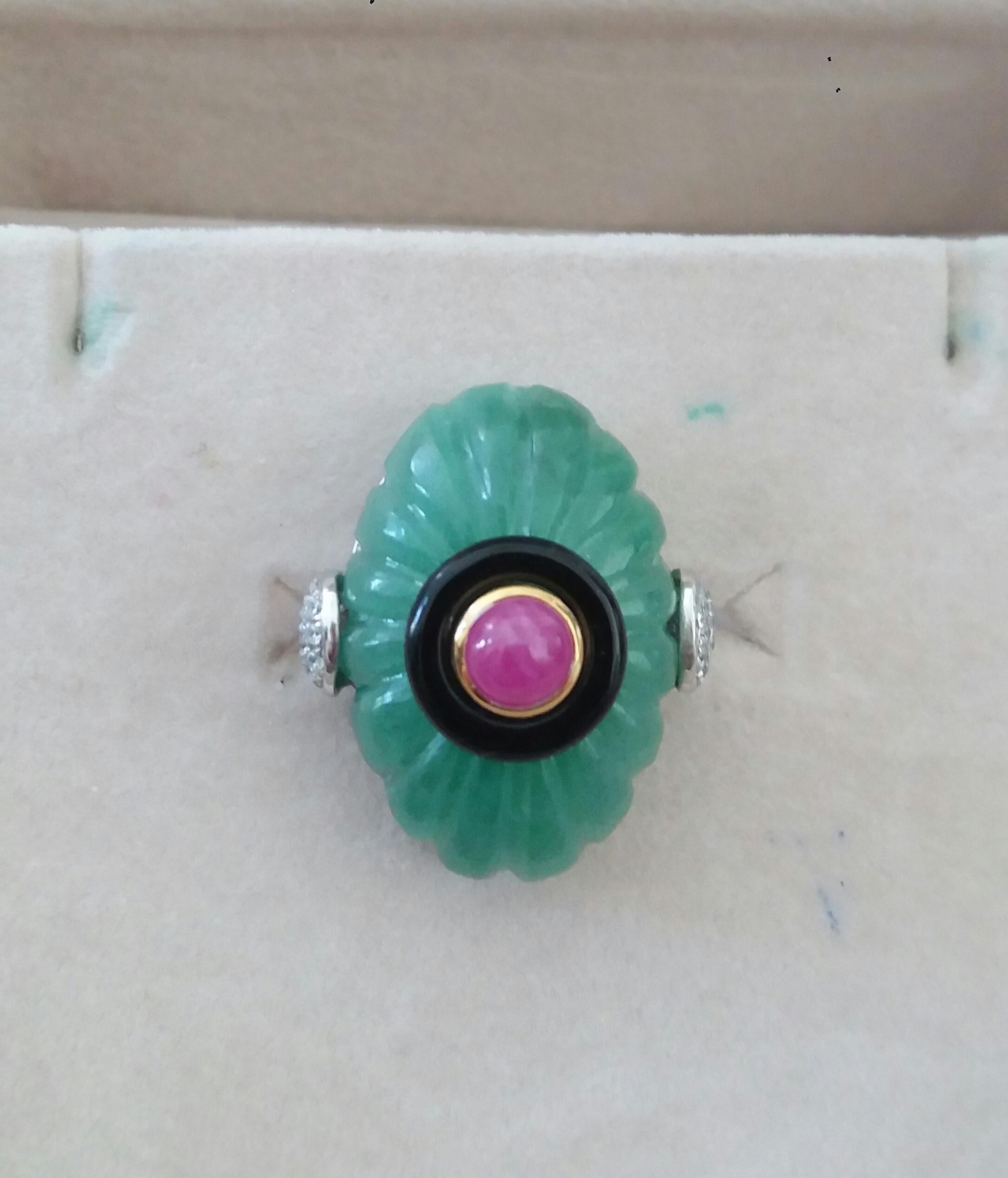 For Sale:  Art Deco Style Engraved Jade Black Onyx Ruby Cab Gold Diamonds Cocktail Ring 10
