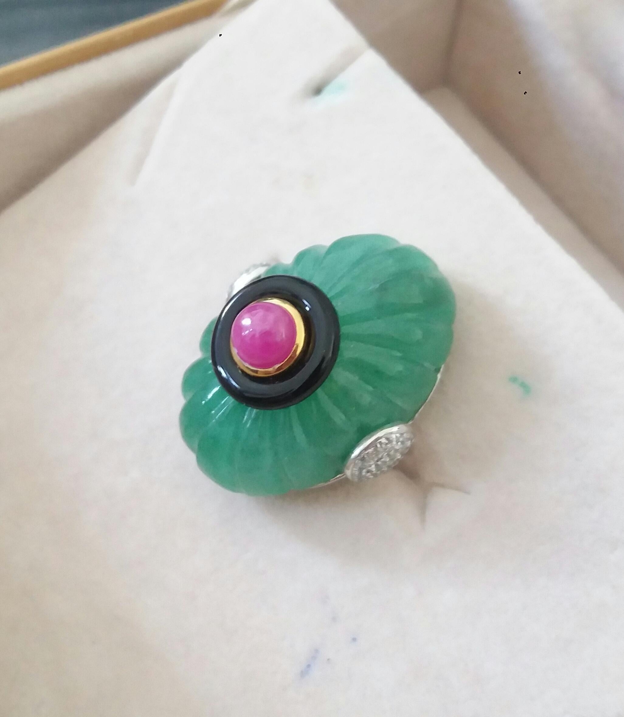 For Sale:  Art Deco Style Engraved Jade Black Onyx Ruby Cab Gold Diamonds Cocktail Ring 11