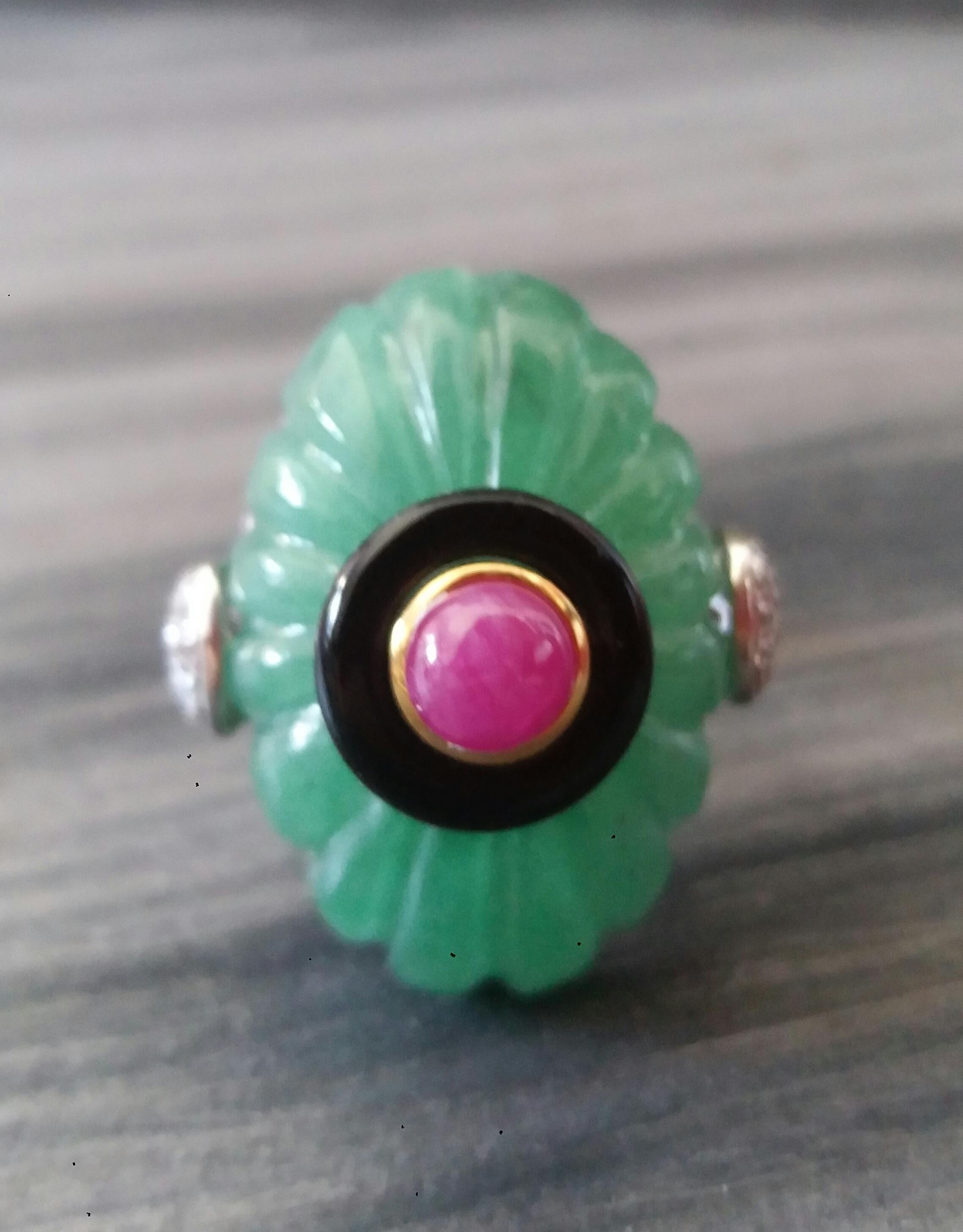 For Sale:  Art Deco Style Engraved Jade Black Onyx Ruby Cab Gold Diamonds Cocktail Ring 2