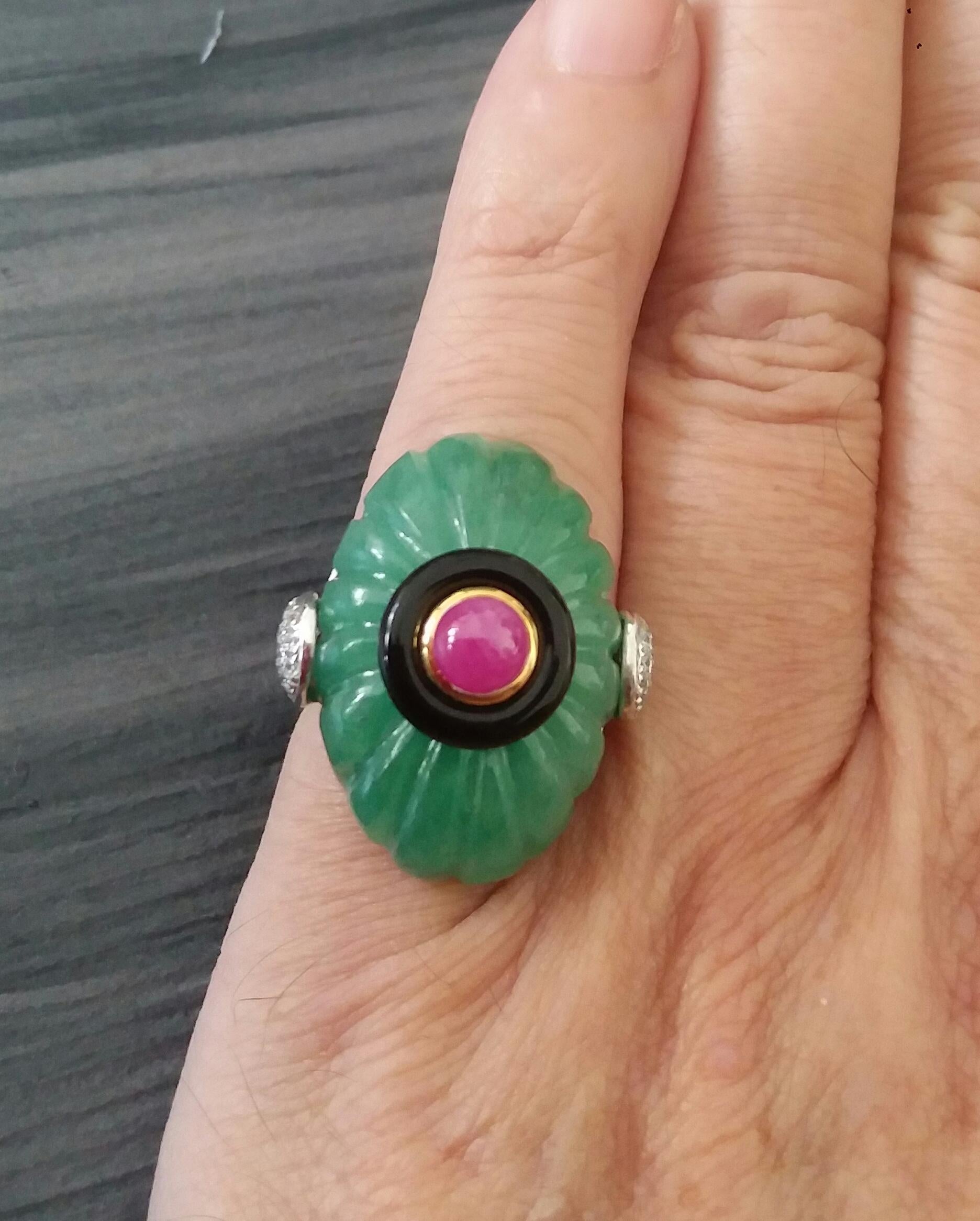 For Sale:  Art Deco Style Engraved Jade Black Onyx Ruby Cab Gold Diamonds Cocktail Ring 6