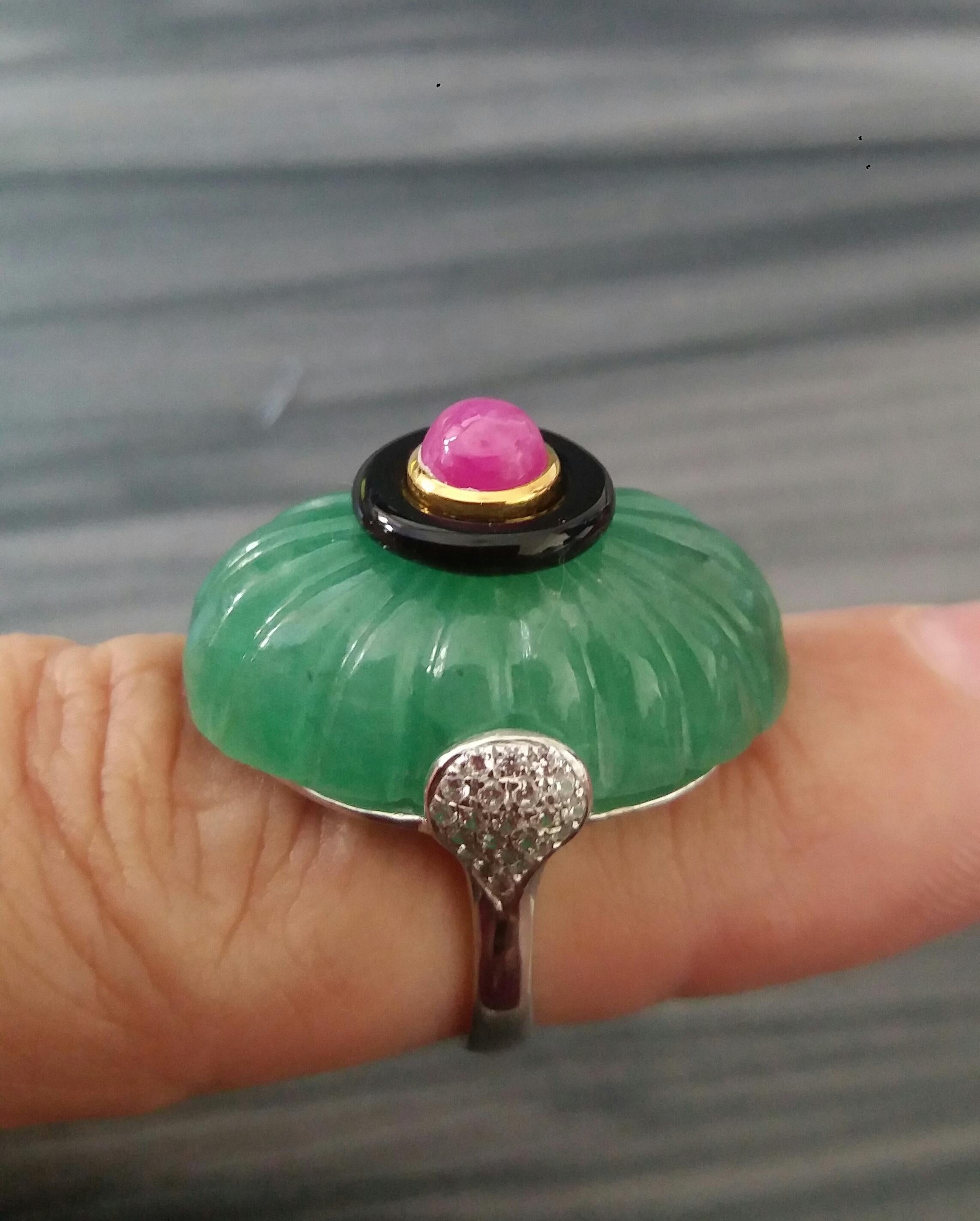 For Sale:  Art Deco Style Engraved Jade Black Onyx Ruby Cab Gold Diamonds Cocktail Ring 7