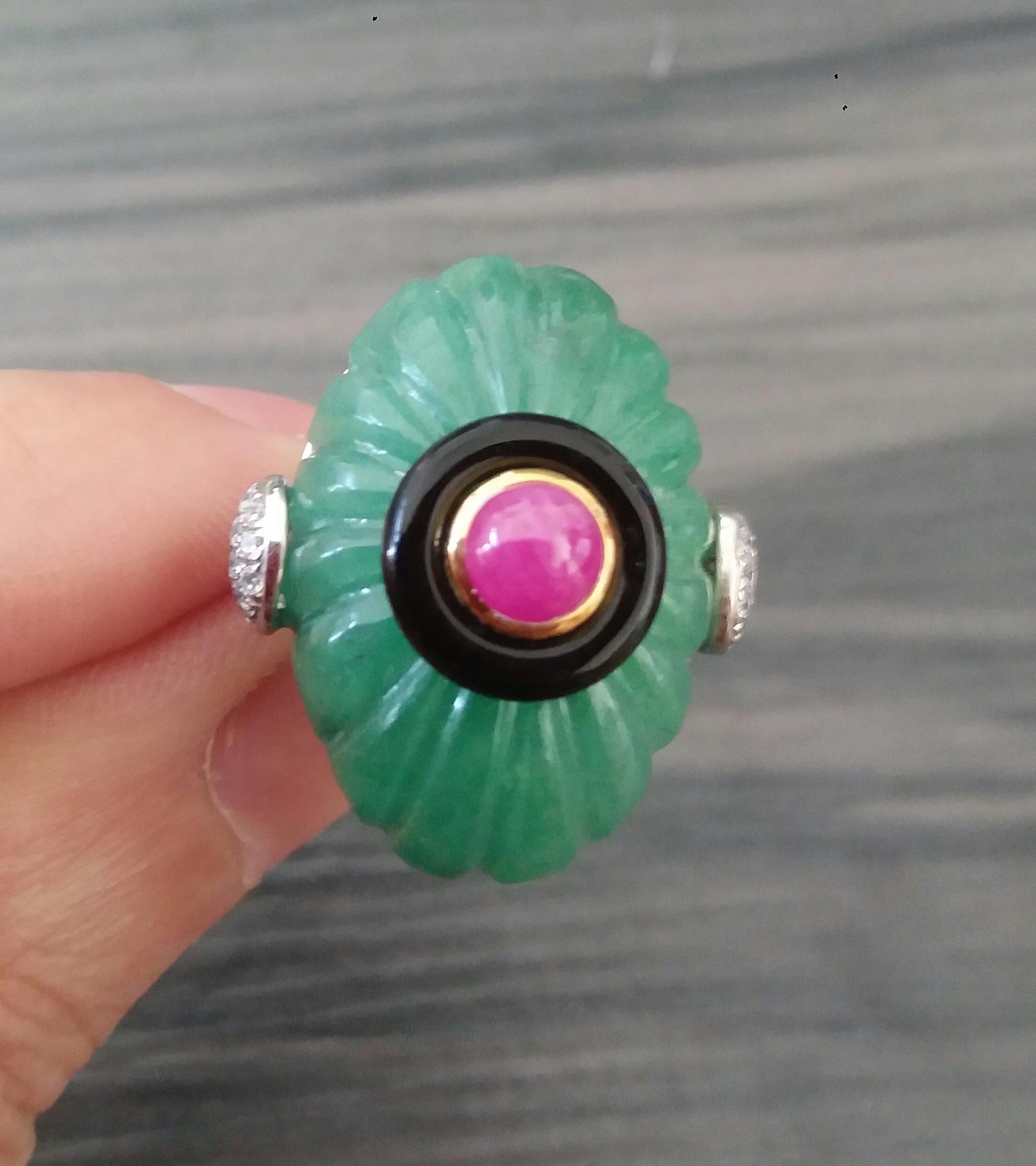 For Sale:  Art Deco Style Engraved Jade Black Onyx Ruby Cab Gold Diamonds Cocktail Ring 8