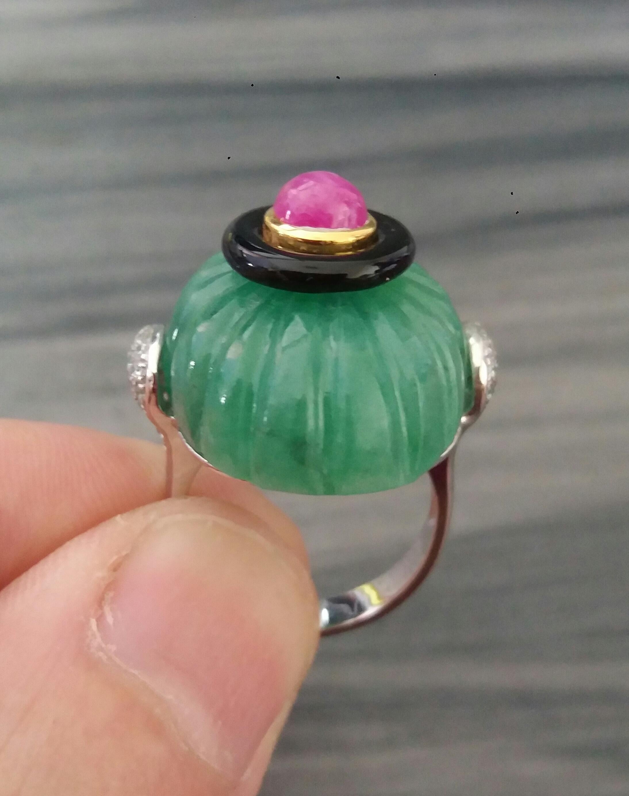For Sale:  Art Deco Style Engraved Jade Black Onyx Ruby Cab Gold Diamonds Cocktail Ring 9