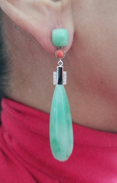 Art Deco Style  14K Gold Diamonds Black Enamel Flat Engraved Jade Drop Earrings