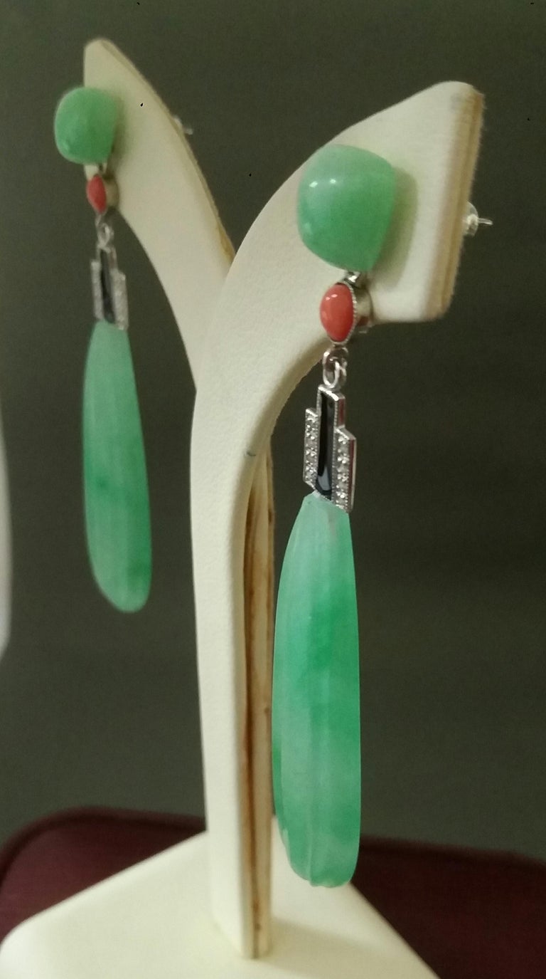 Art Deco Style 14K Gold Diamonds Black Enamel Flat Engraved Jade Drop Earrings For Sale at 1stDibs