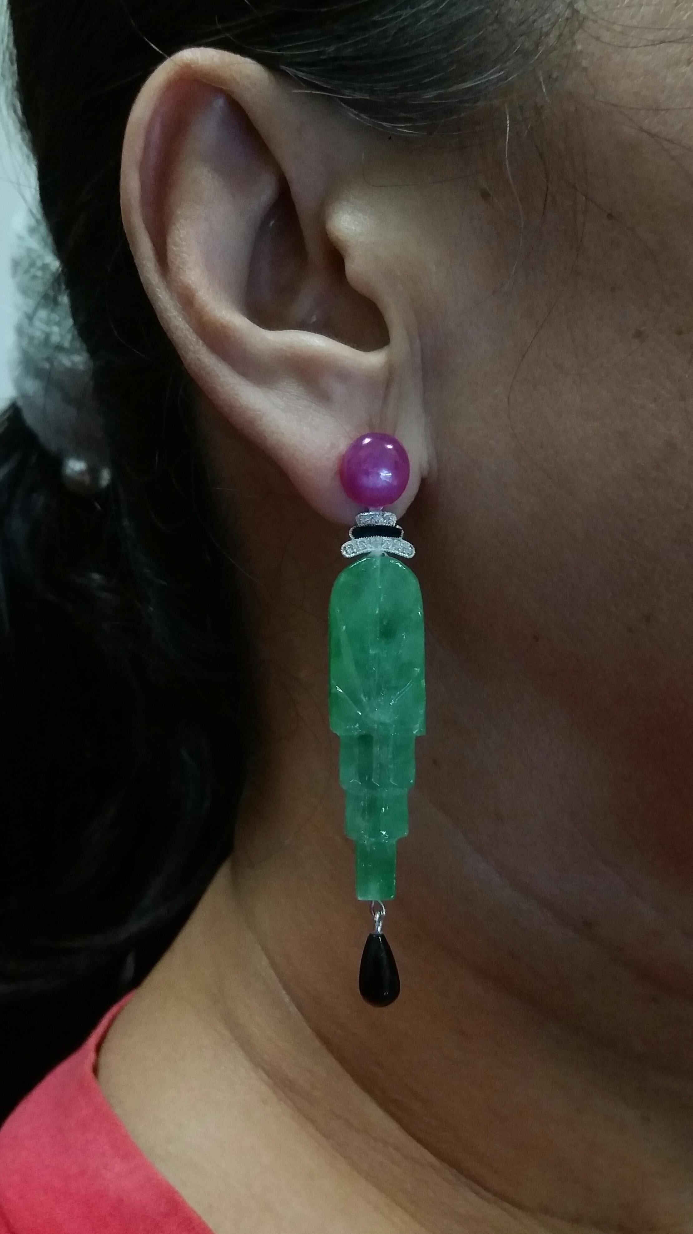 Art Deco Style Engraved Jade Enamel Ruby Gold Diamonds Black Onyx Earrings For Sale 5