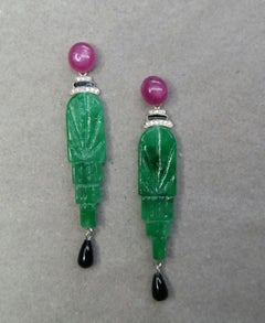 Ohrringe im Art-Déco-Stil, gravierte Jade-Emaille, Rubin, Gold, Diamanten, Schwarzer Onyx, Schwarz