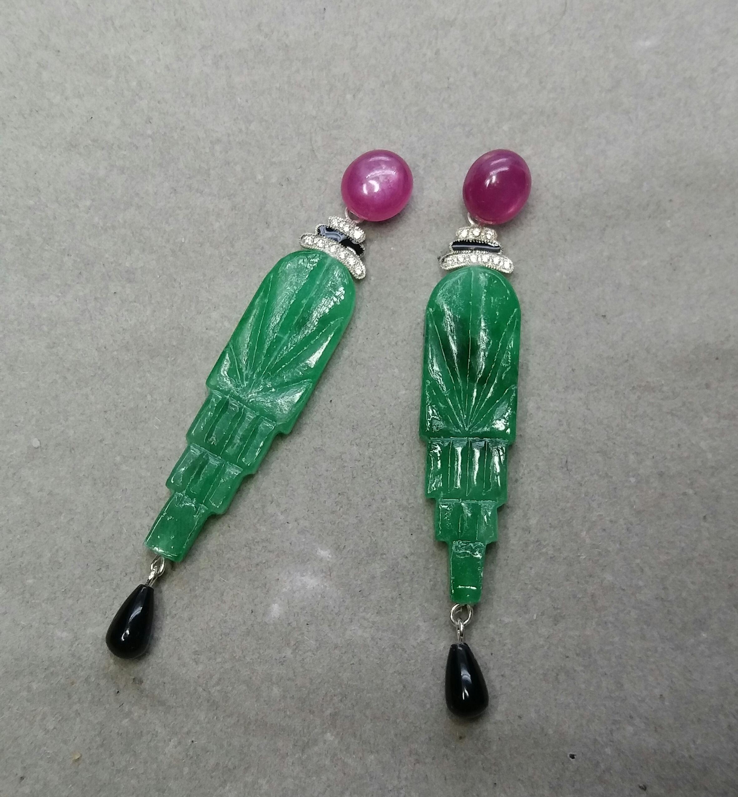 Mixed Cut Art Deco Style Engraved Jade Enamel Ruby Gold Diamonds Black Onyx Earrings For Sale