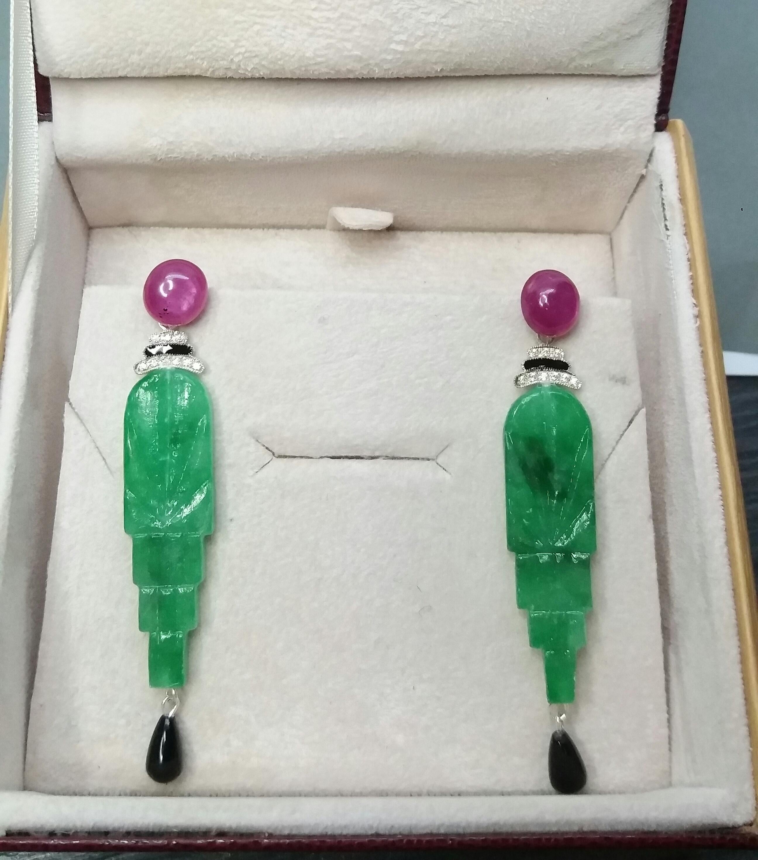 Art Deco Style Engraved Jade Enamel Ruby Gold Diamonds Black Onyx Earrings For Sale 1