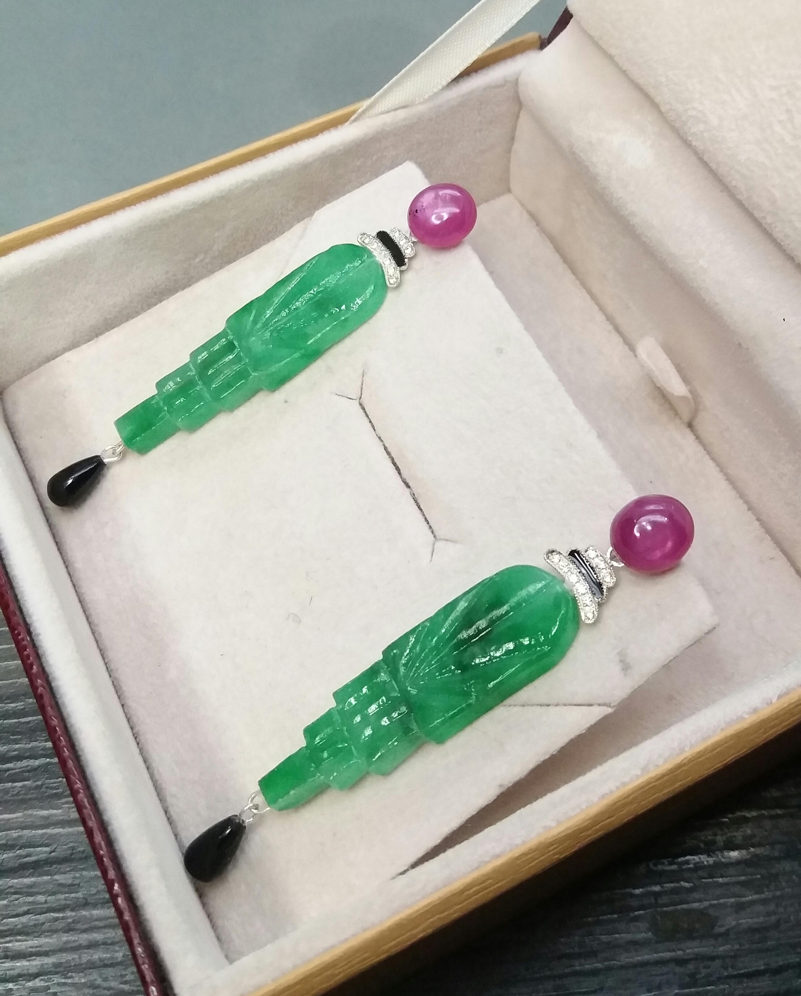 Art Deco Style Engraved Jade Enamel Ruby Gold Diamonds Black Onyx Earrings For Sale 2