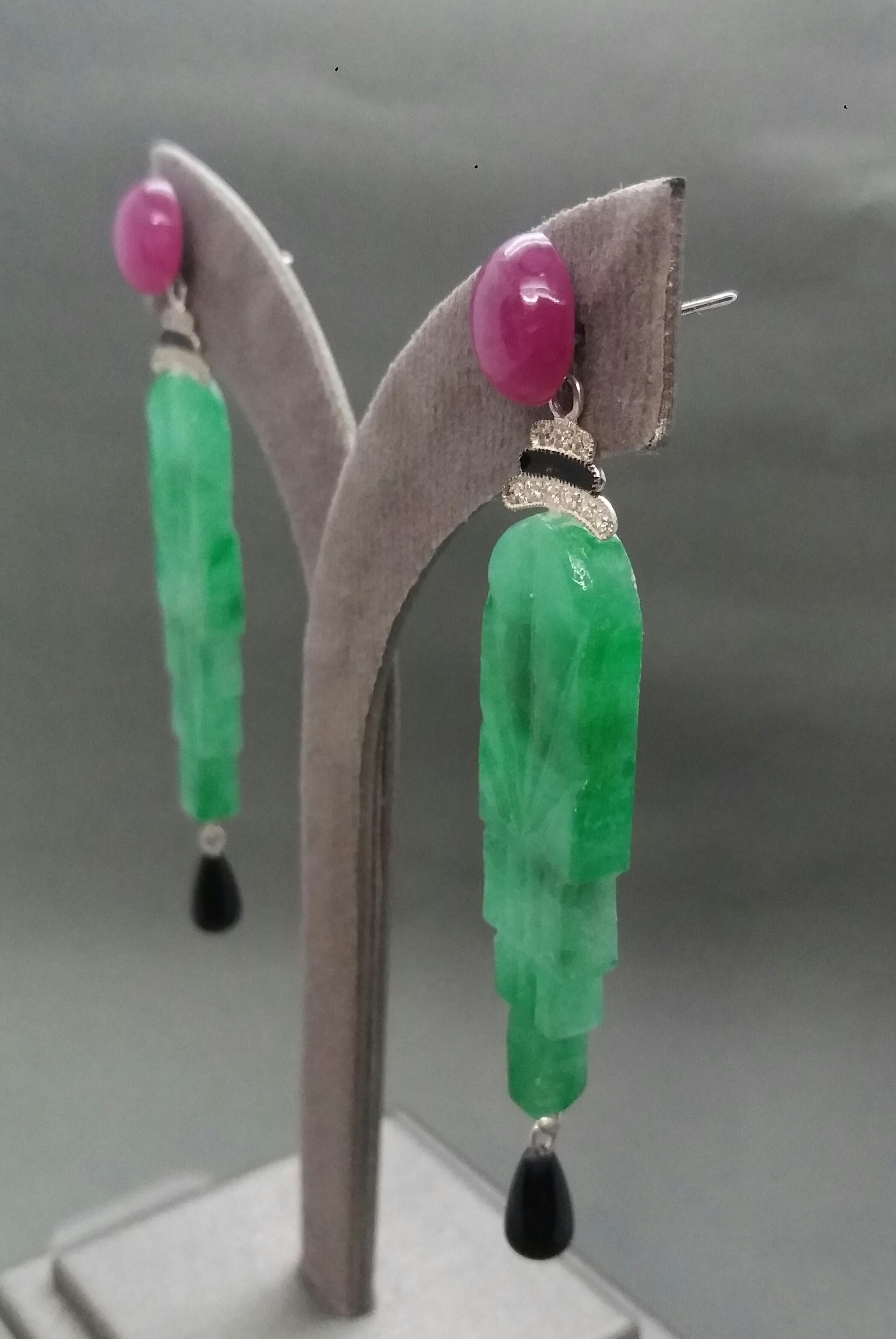 Art Deco Style Engraved Jade Enamel Ruby Gold Diamonds Black Onyx Earrings For Sale 4