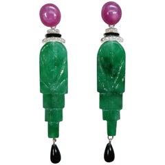 Art Deco Style Engraved Jade Enamel Ruby Gold Diamonds Black Onyx Earrings