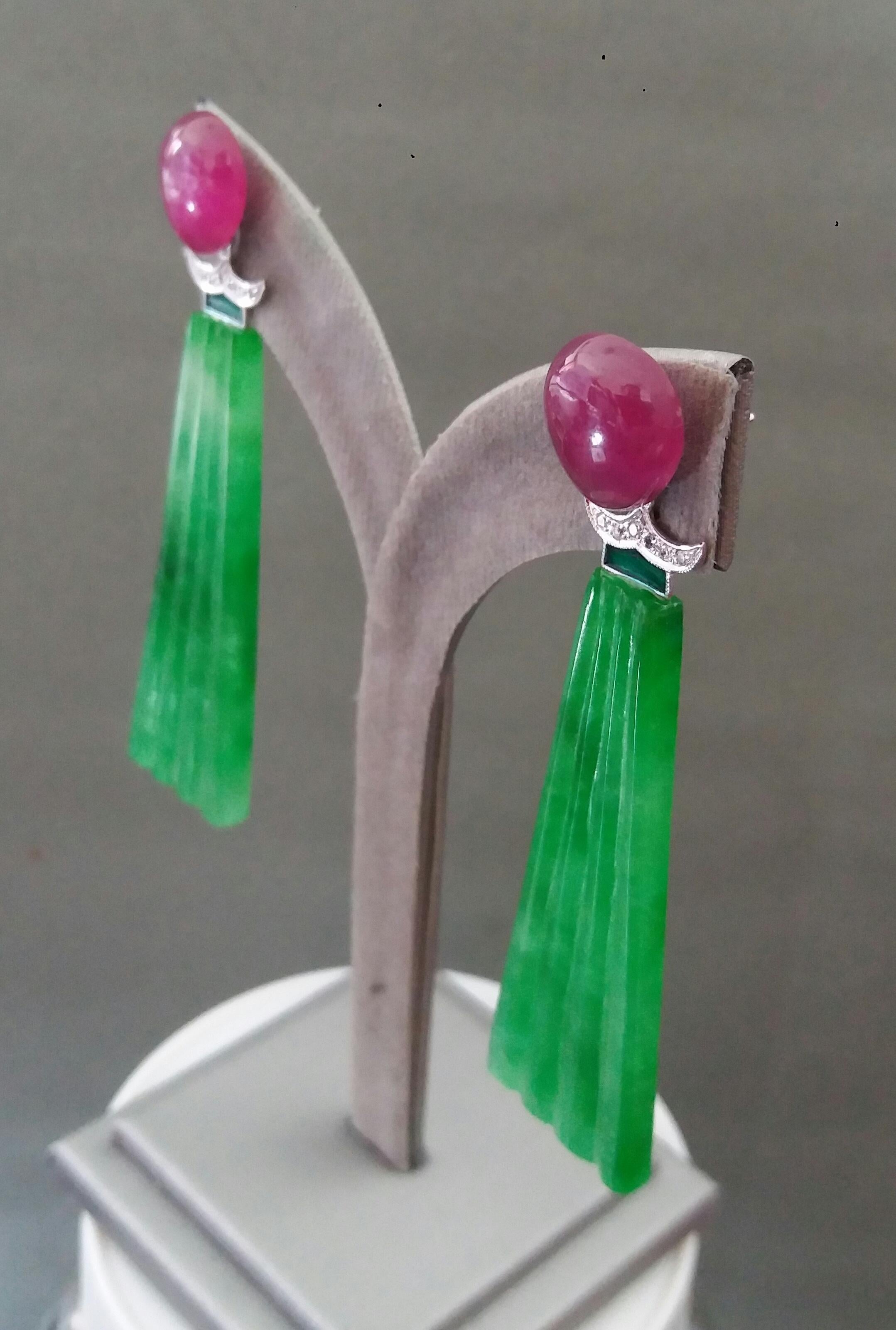 Art Deco Style Engraved Jade Green Enamel Rubies Gold Diamonds Dangle Earrings For Sale 5