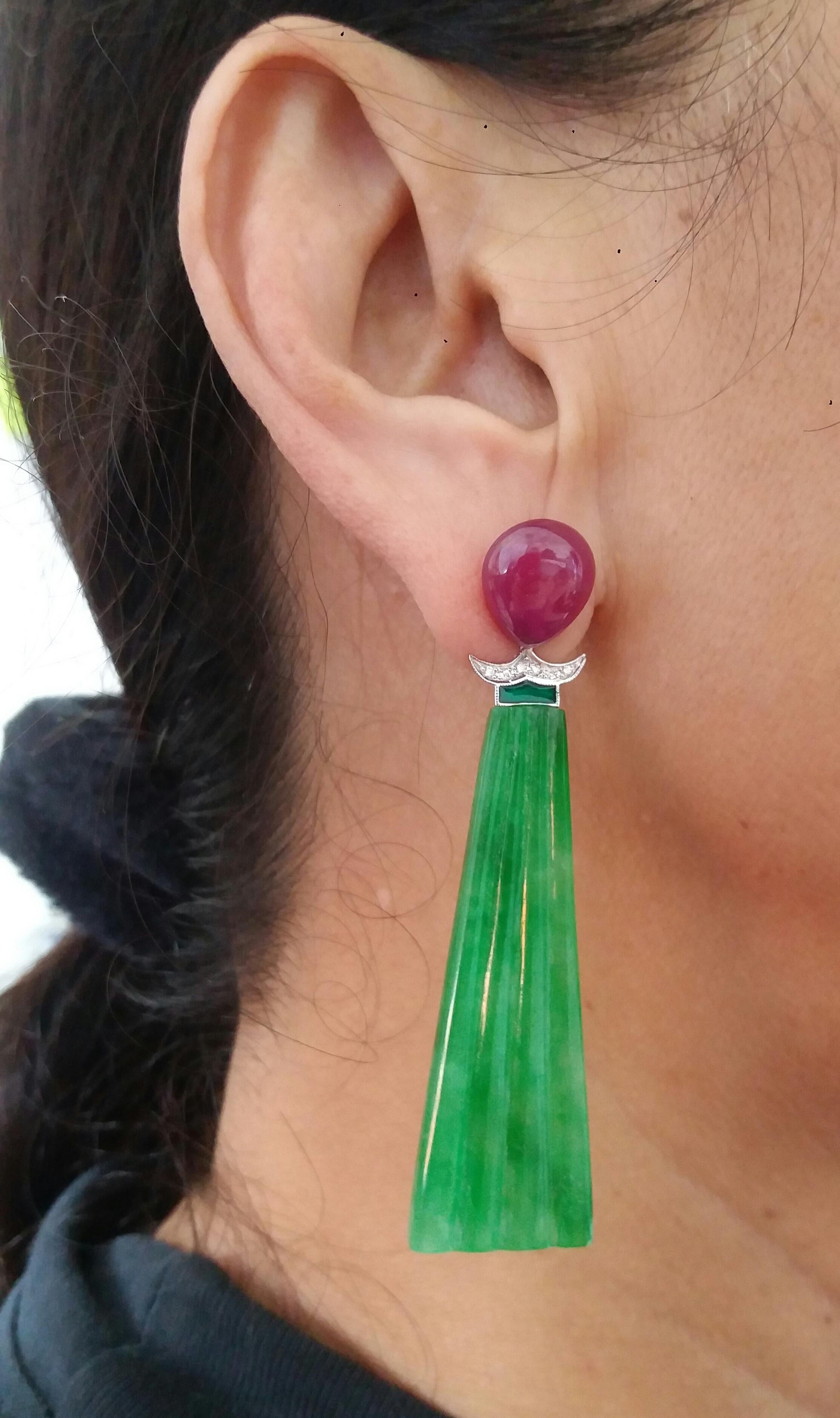 Art Deco Style Engraved Jade Green Enamel Rubies Gold Diamonds Dangle Earrings For Sale 6