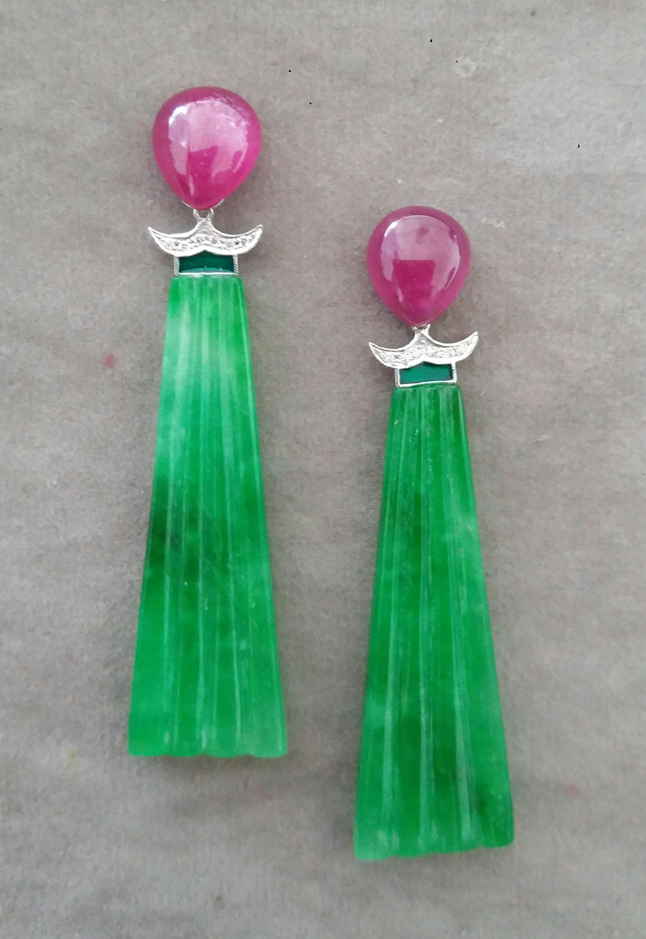 Mixed Cut Art Deco Style Engraved Jade Green Enamel Rubies Gold Diamonds Dangle Earrings For Sale