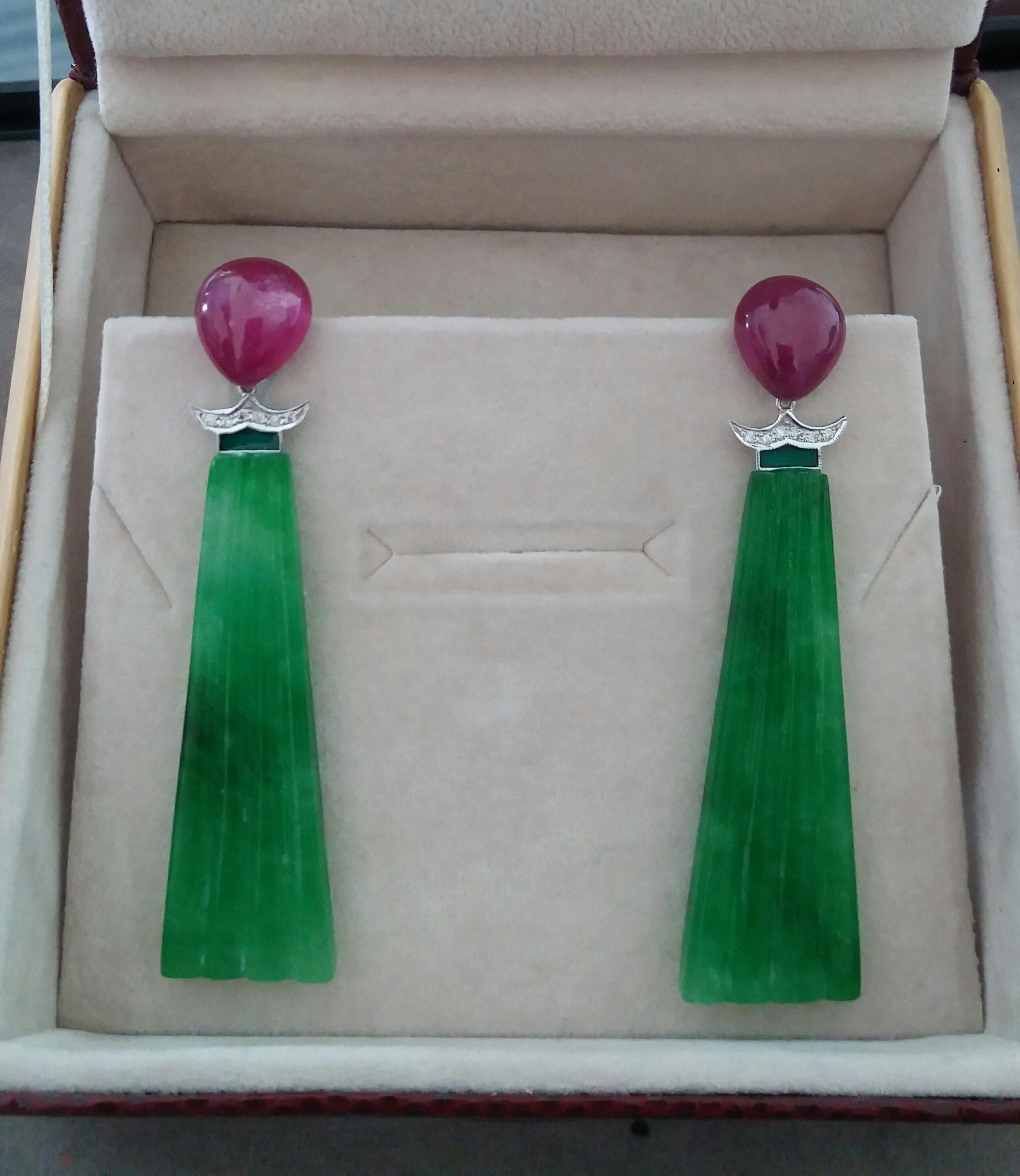 Art Deco Style Engraved Jade Green Enamel Rubies Gold Diamonds Dangle Earrings For Sale 2