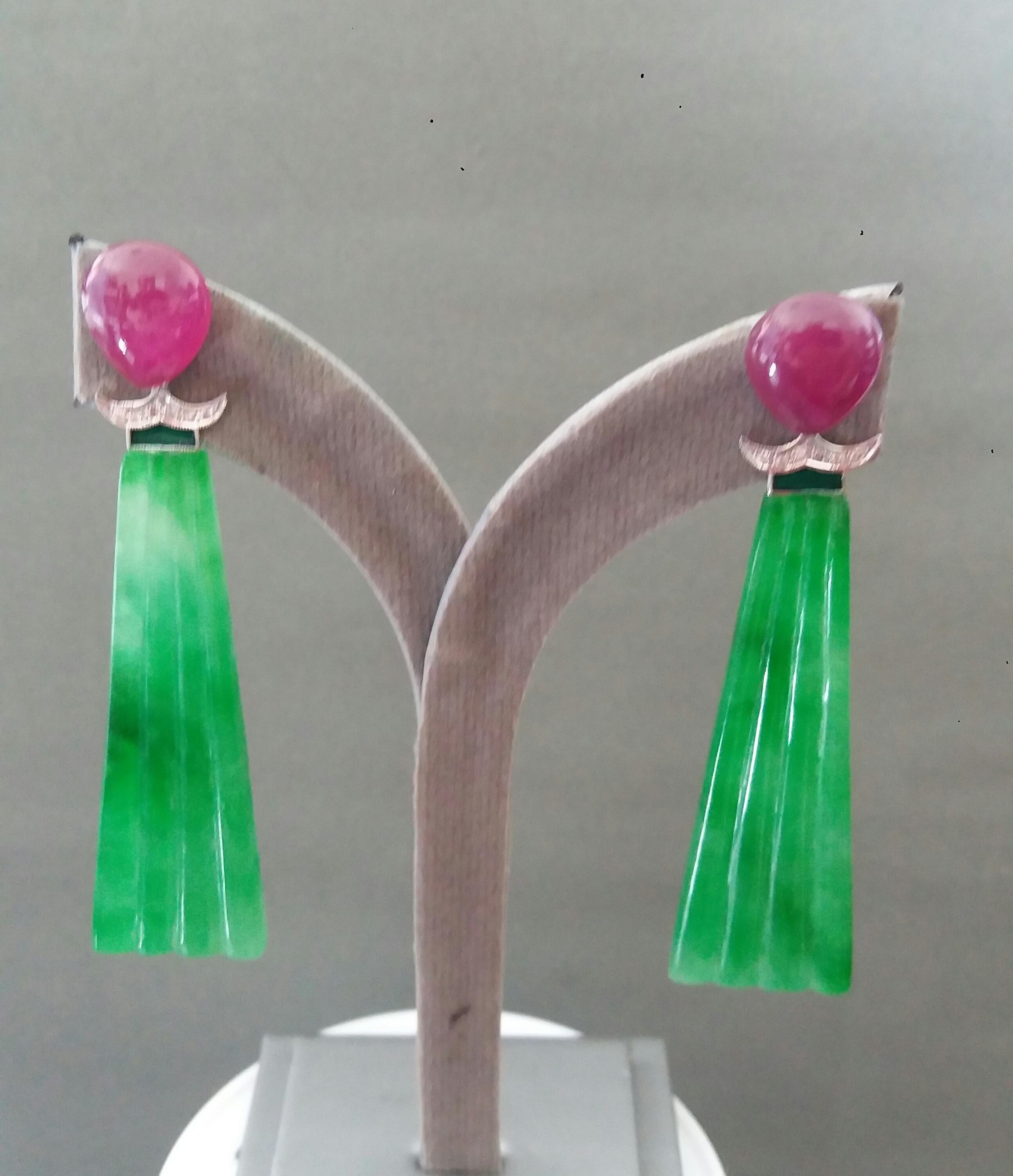Art Deco Style Engraved Jade Green Enamel Rubies Gold Diamonds Dangle Earrings For Sale 4