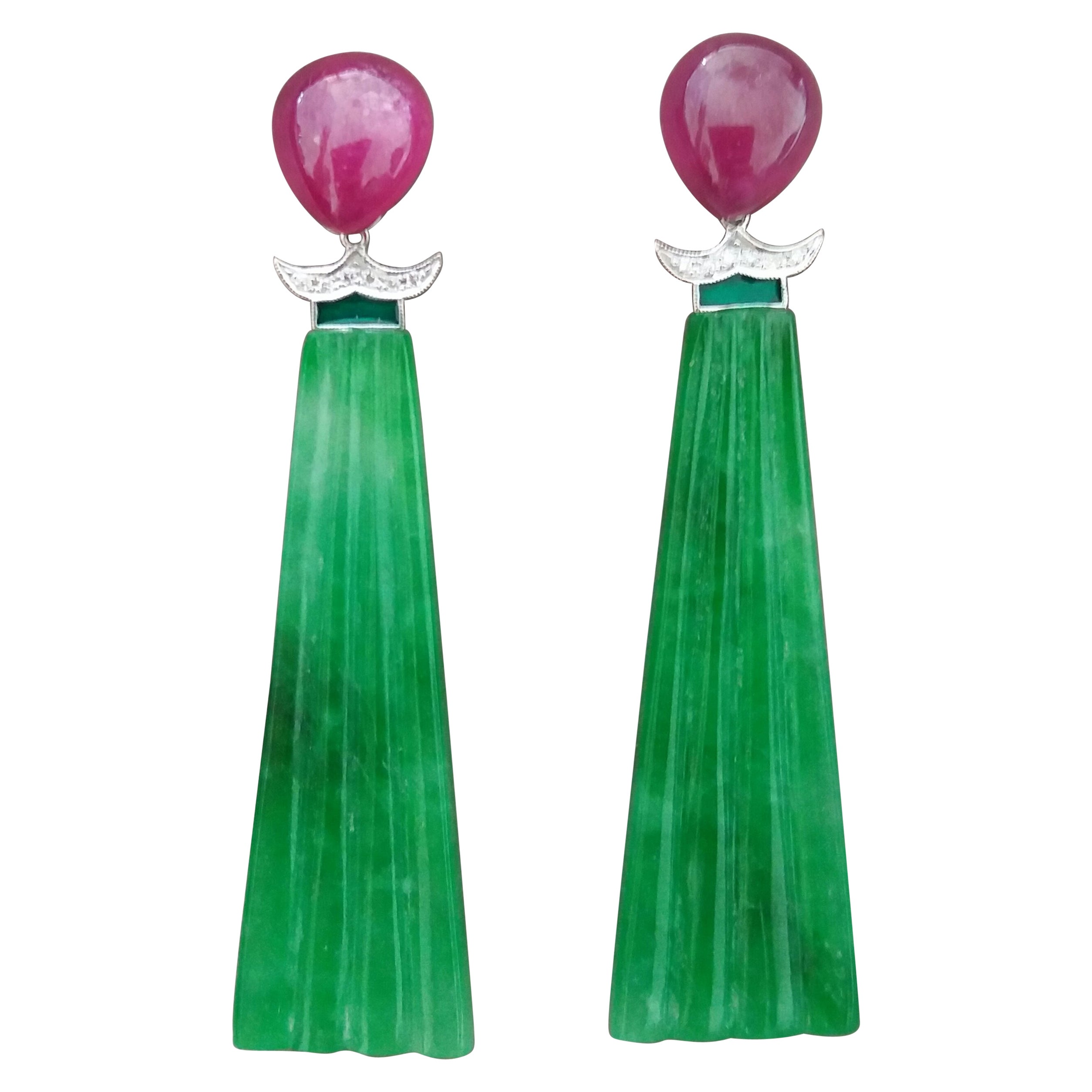 Art Deco Style Engraved Jade Green Enamel Rubies Gold Diamonds Dangle Earrings For Sale
