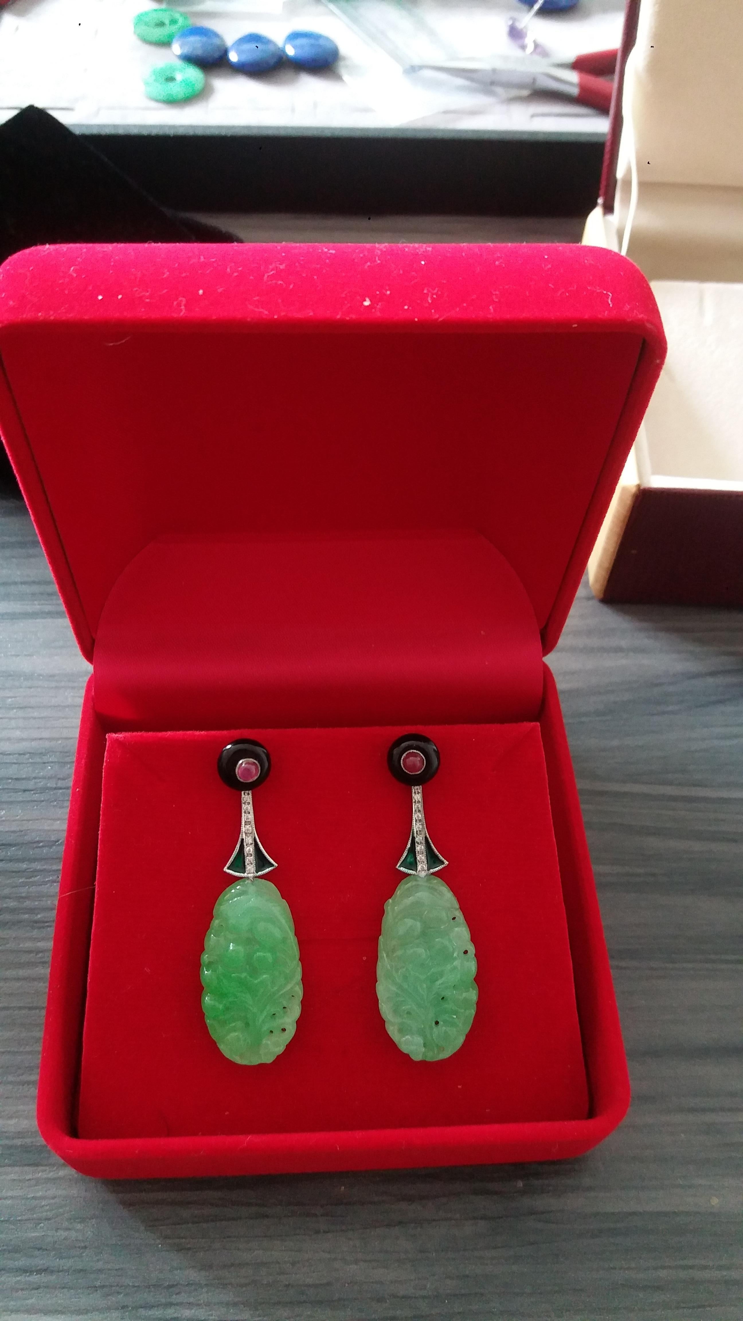 Art Deco Style Engraved Jade Ruby 14K Gold Diamonds Green Enamel Dangle Earrings For Sale 2