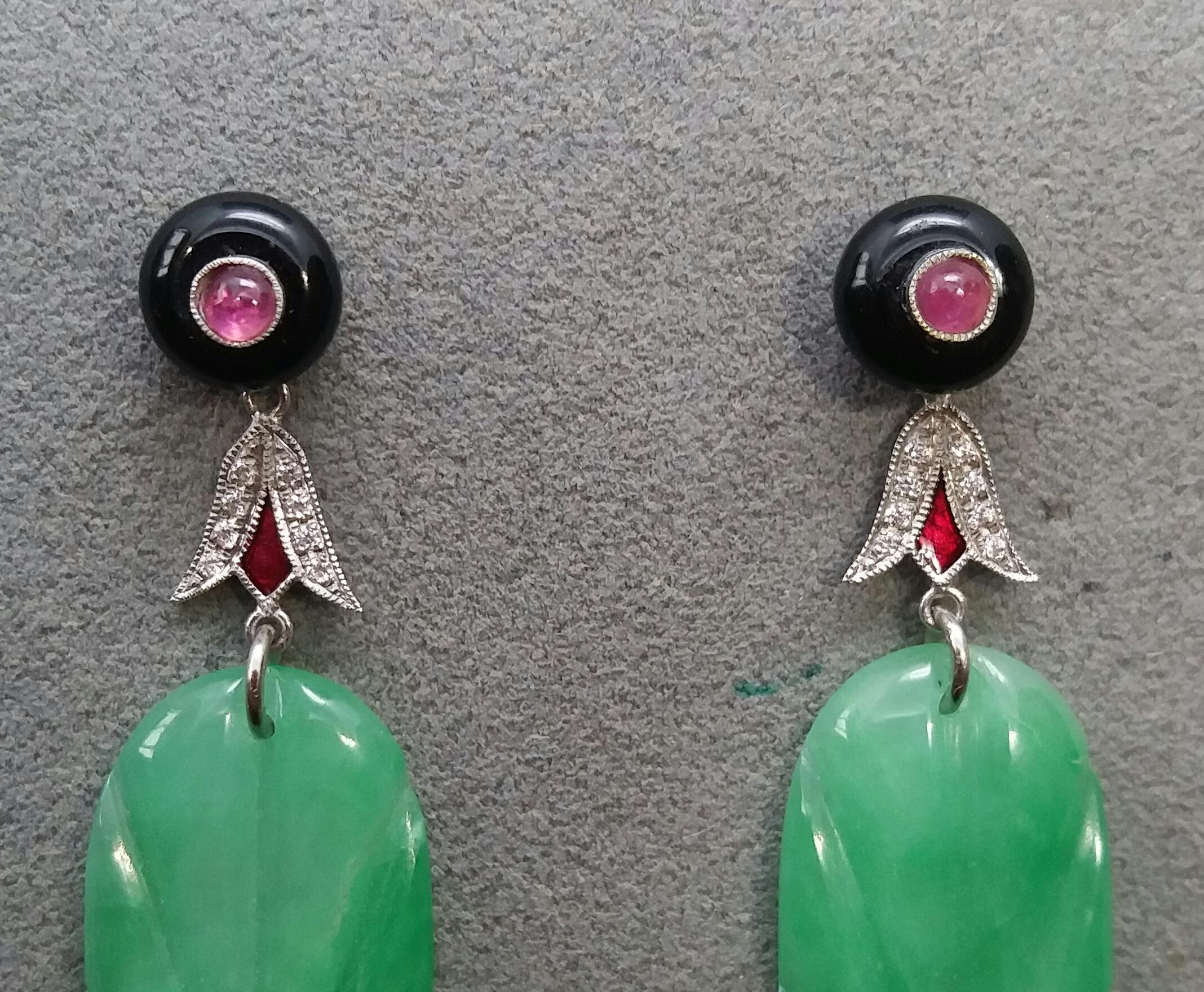 Art Deco Style Engraved Jade Ruby Black Onyx Gold Diamonds Enamel Drop Earrings For Sale 5