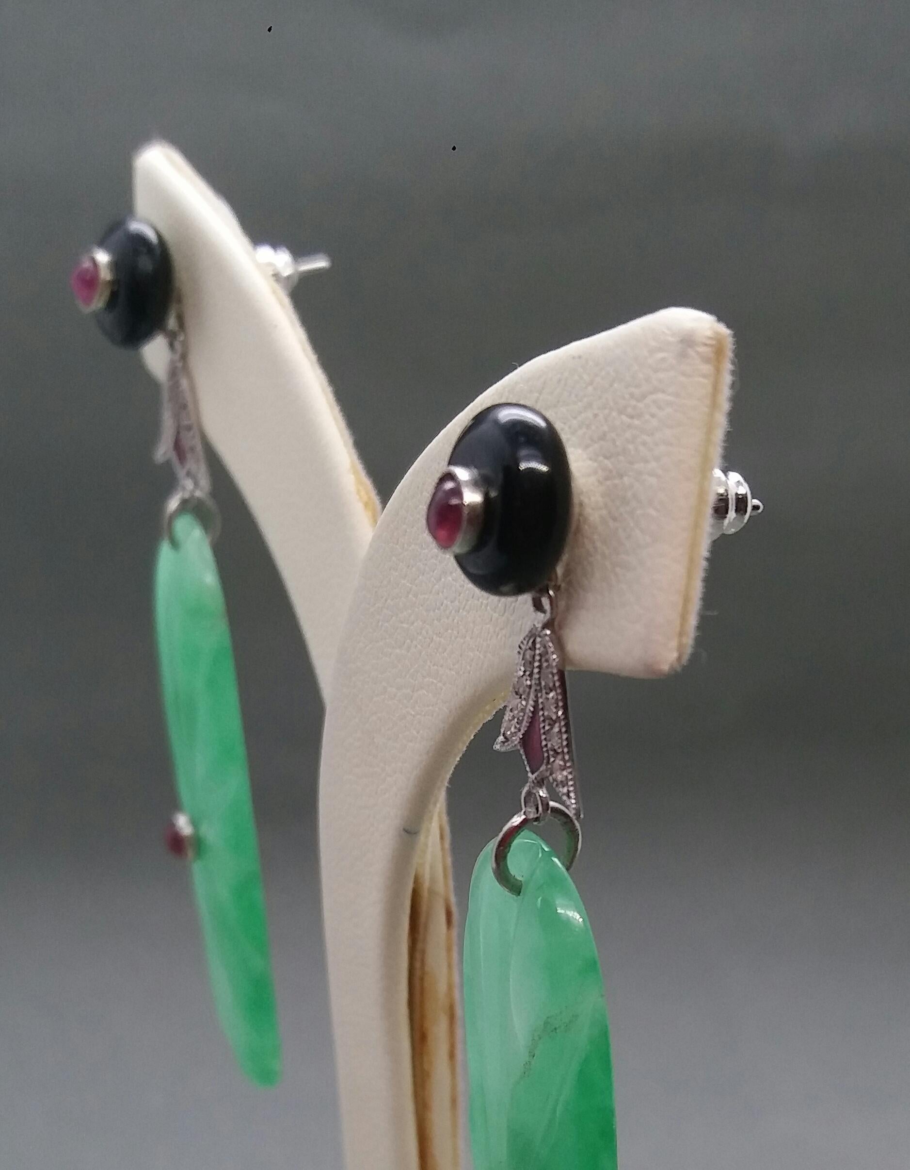 Art Deco Style Engraved Jade Ruby Black Onyx Gold Diamonds Enamel Drop Earrings For Sale 4