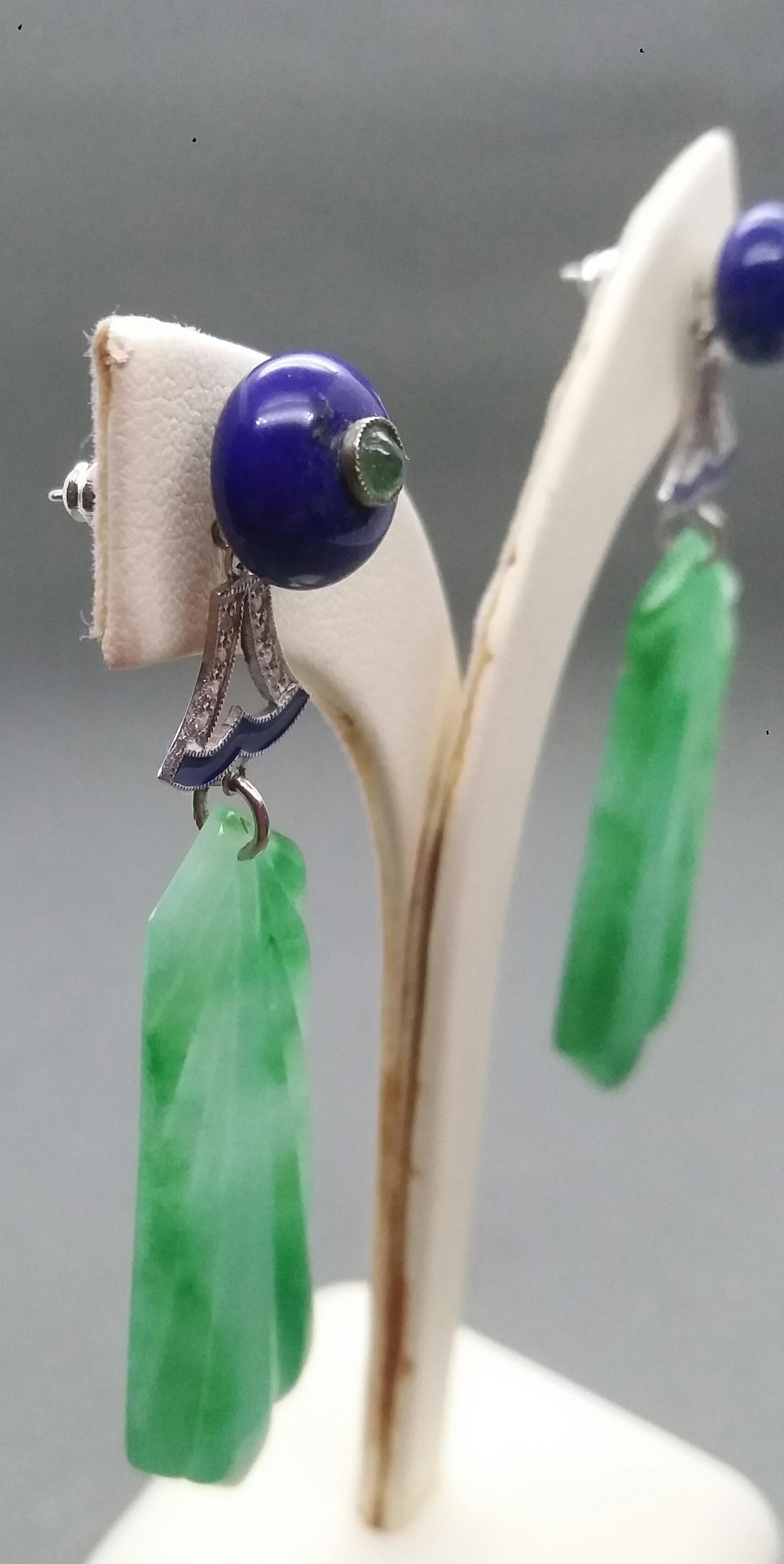 Art Deco Style Engraved Jades Lapis Lazuli Emerald Diamonds White Gold Earrings For Sale 5