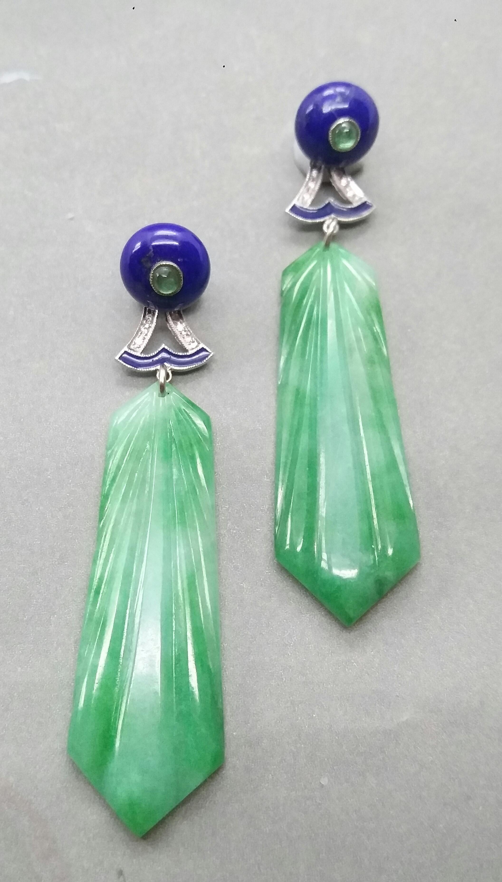 In these classic Art Deco Style earrings the tops are 2 round Lapis Lazuli buttons with small round emerald cabochon in the center,in middle parts we have 2 white gold elements with small full cut round diamonds and blue enamel , the bottom parts