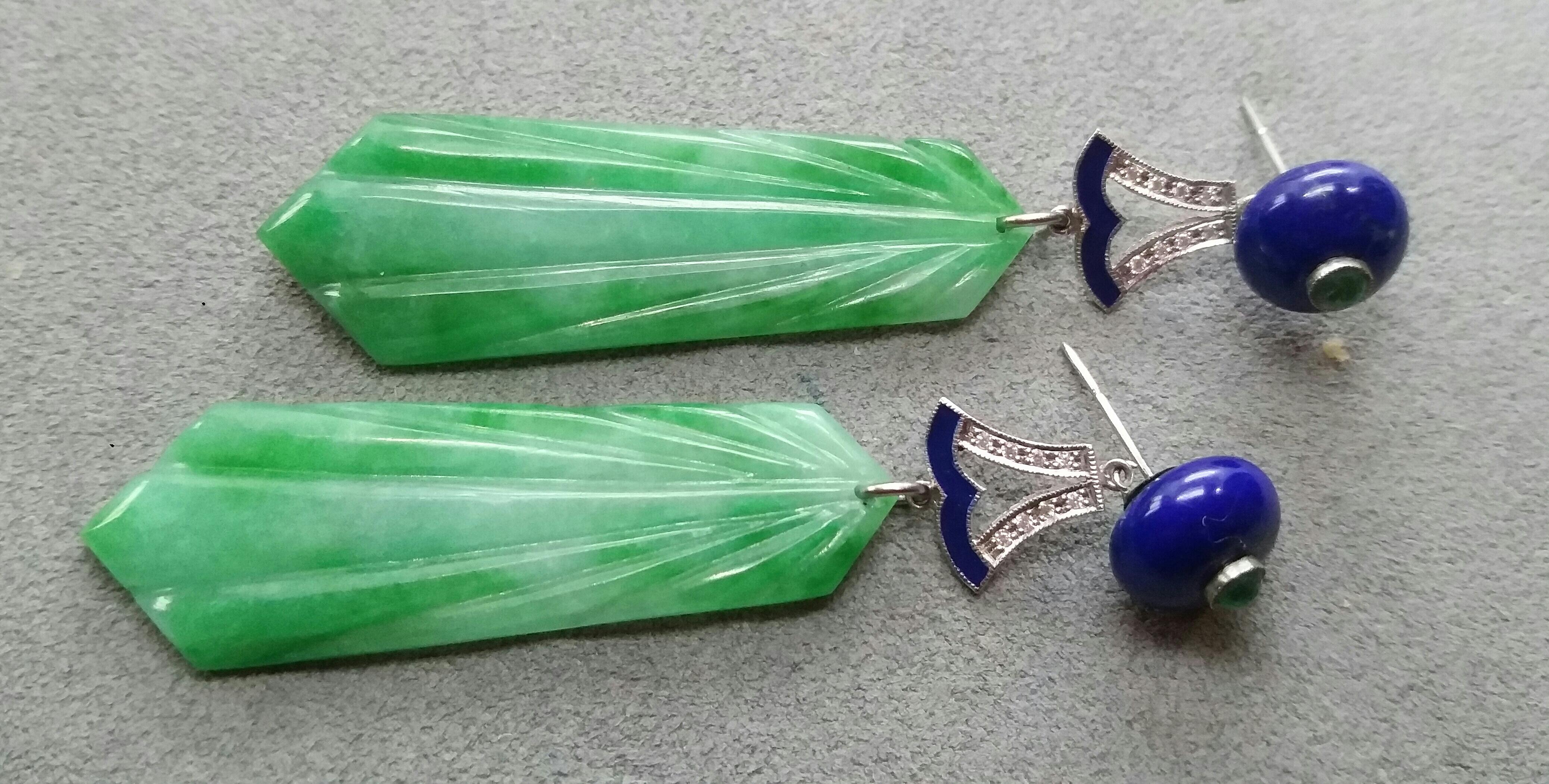 Mixed Cut Art Deco Style Engraved Jades Lapis Lazuli Emerald Diamonds White Gold Earrings For Sale