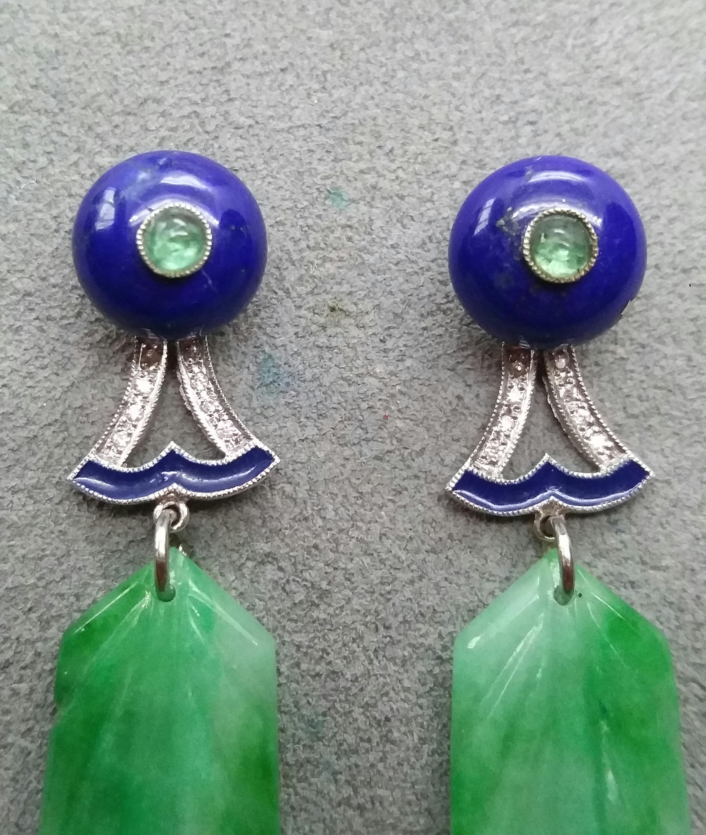 Women's Art Deco Style Engraved Jades Lapis Lazuli Emerald Diamonds White Gold Earrings For Sale