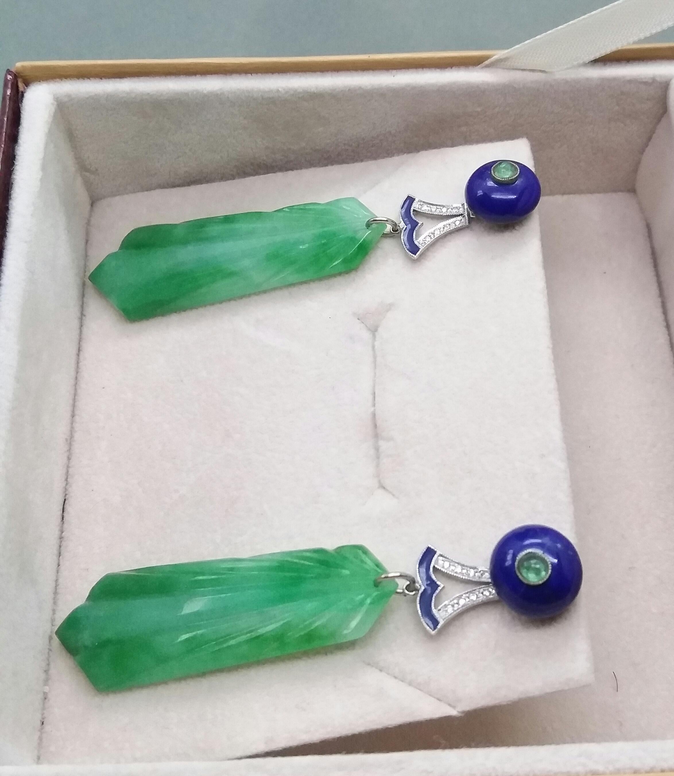 Art Deco Style Engraved Jades Lapis Lazuli Emerald Diamonds White Gold Earrings For Sale 3