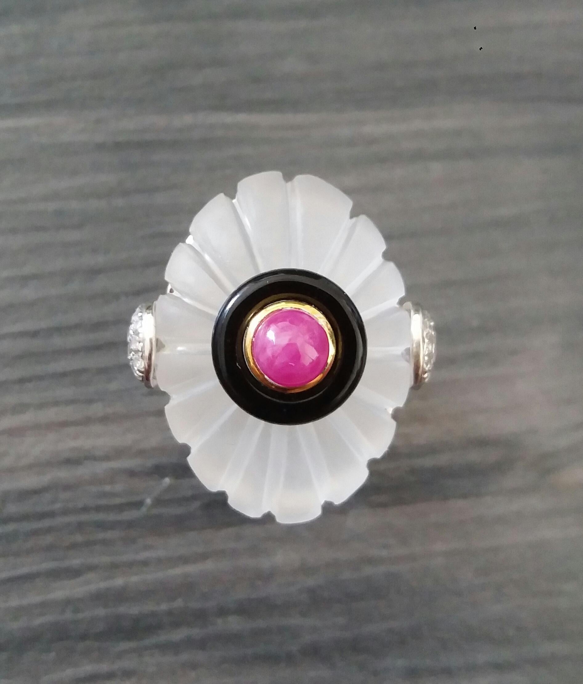 For Sale:  Art Deco Style Engraved Quartz Black Onyx Ruby Cab Gold Diamonds Cocktail Ring 13