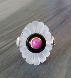 Art Deco Style Engraved Quartz Black Onyx Ruby Cab Gold Diamonds Cocktail Ring