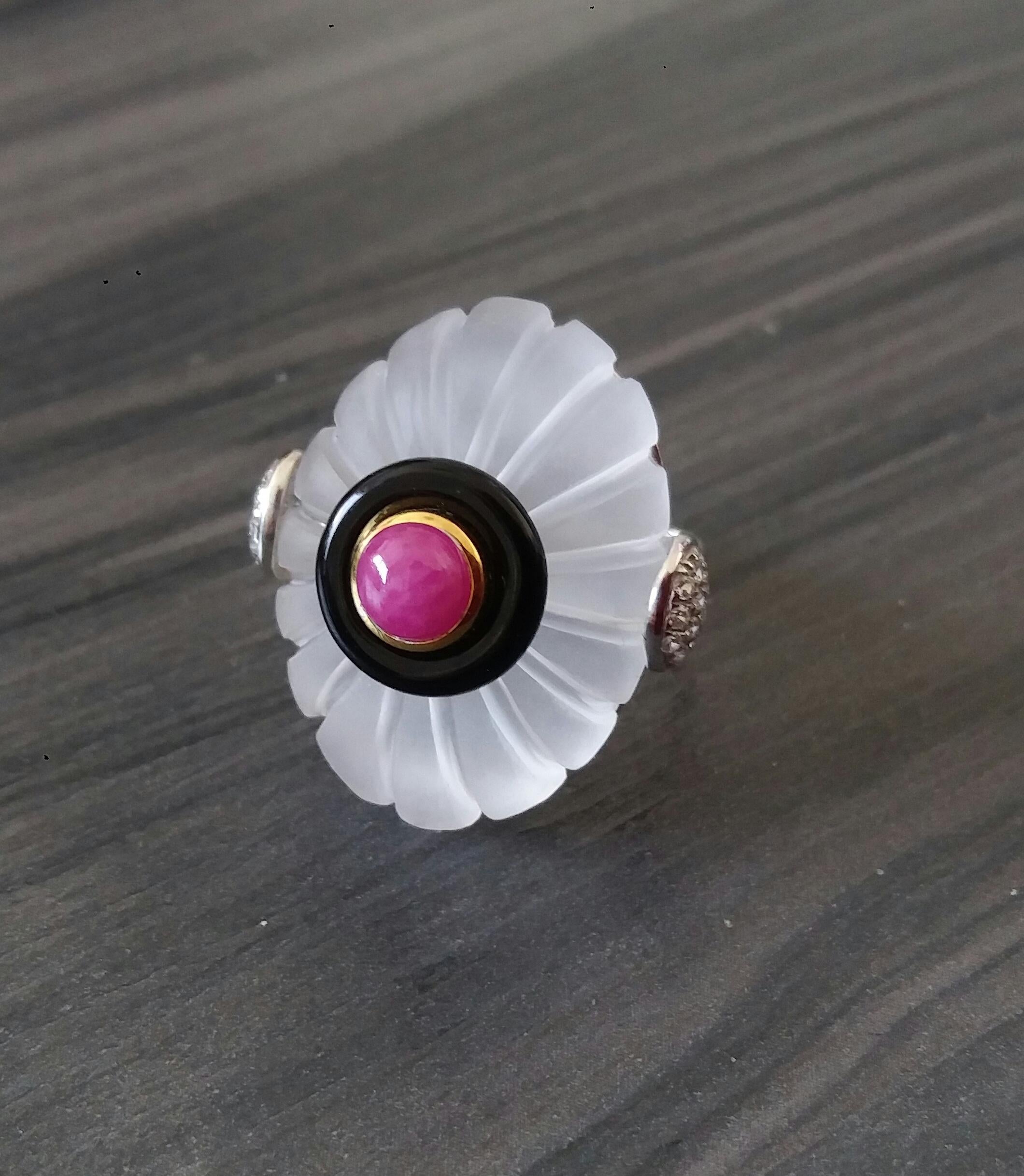 For Sale:  Art Deco Style Engraved Quartz Black Onyx Ruby Cab Gold Diamonds Cocktail Ring 3