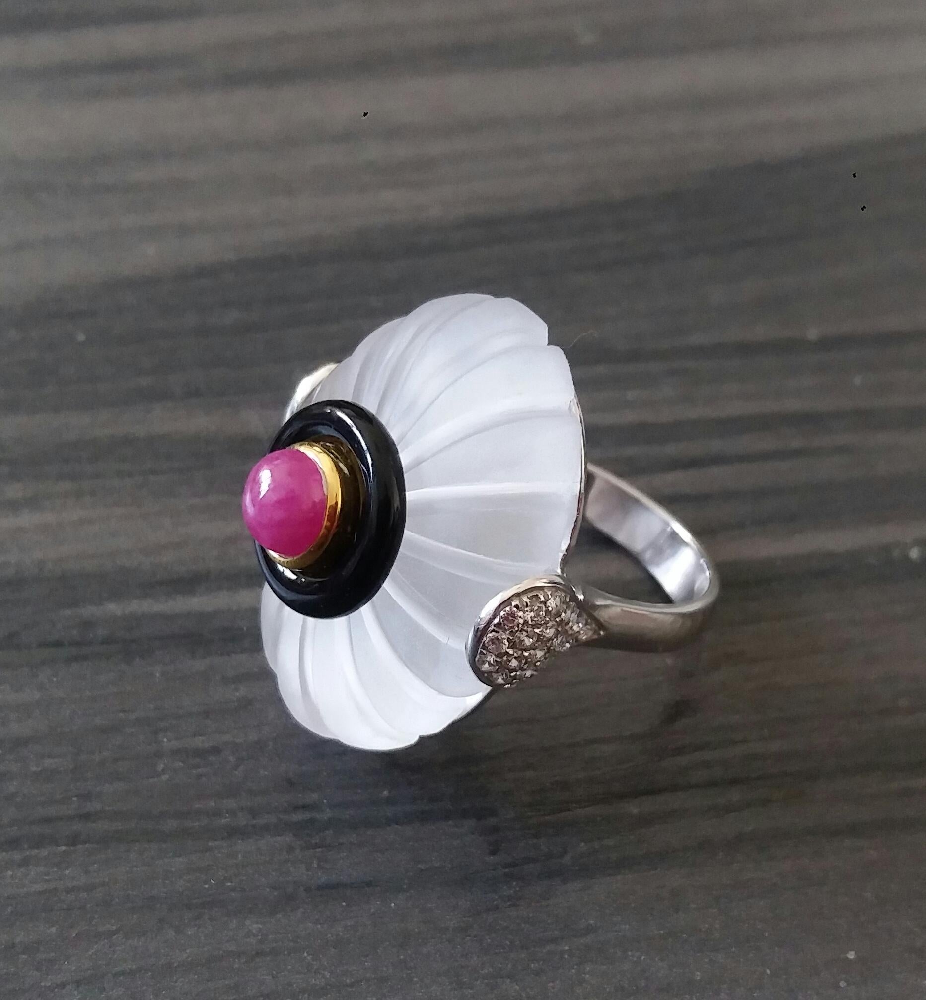 For Sale:  Art Deco Style Engraved Quartz Black Onyx Ruby Cab Gold Diamonds Cocktail Ring 4