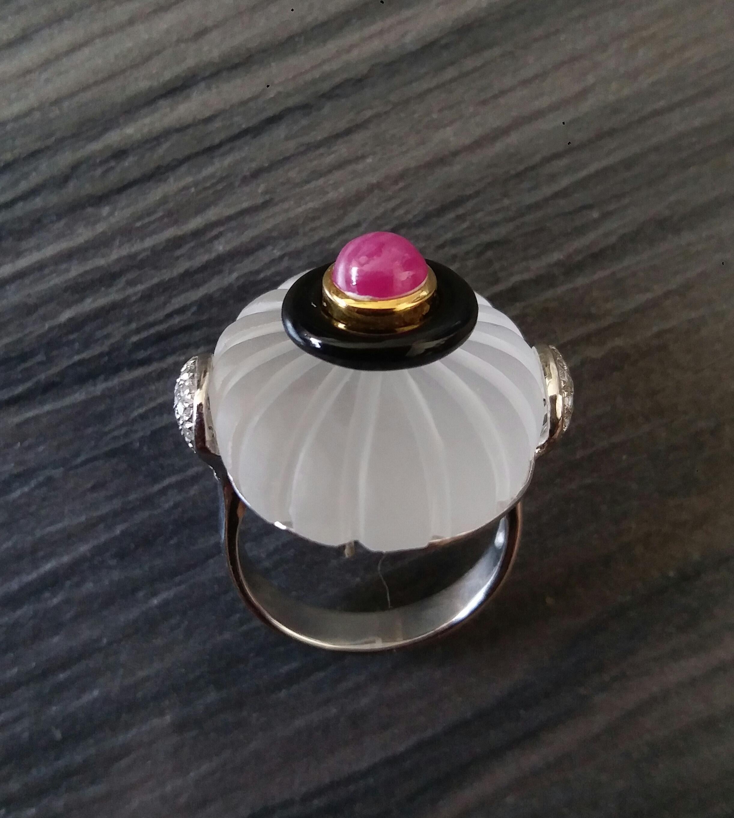 For Sale:  Art Deco Style Engraved Quartz Black Onyx Ruby Cab Gold Diamonds Cocktail Ring 6