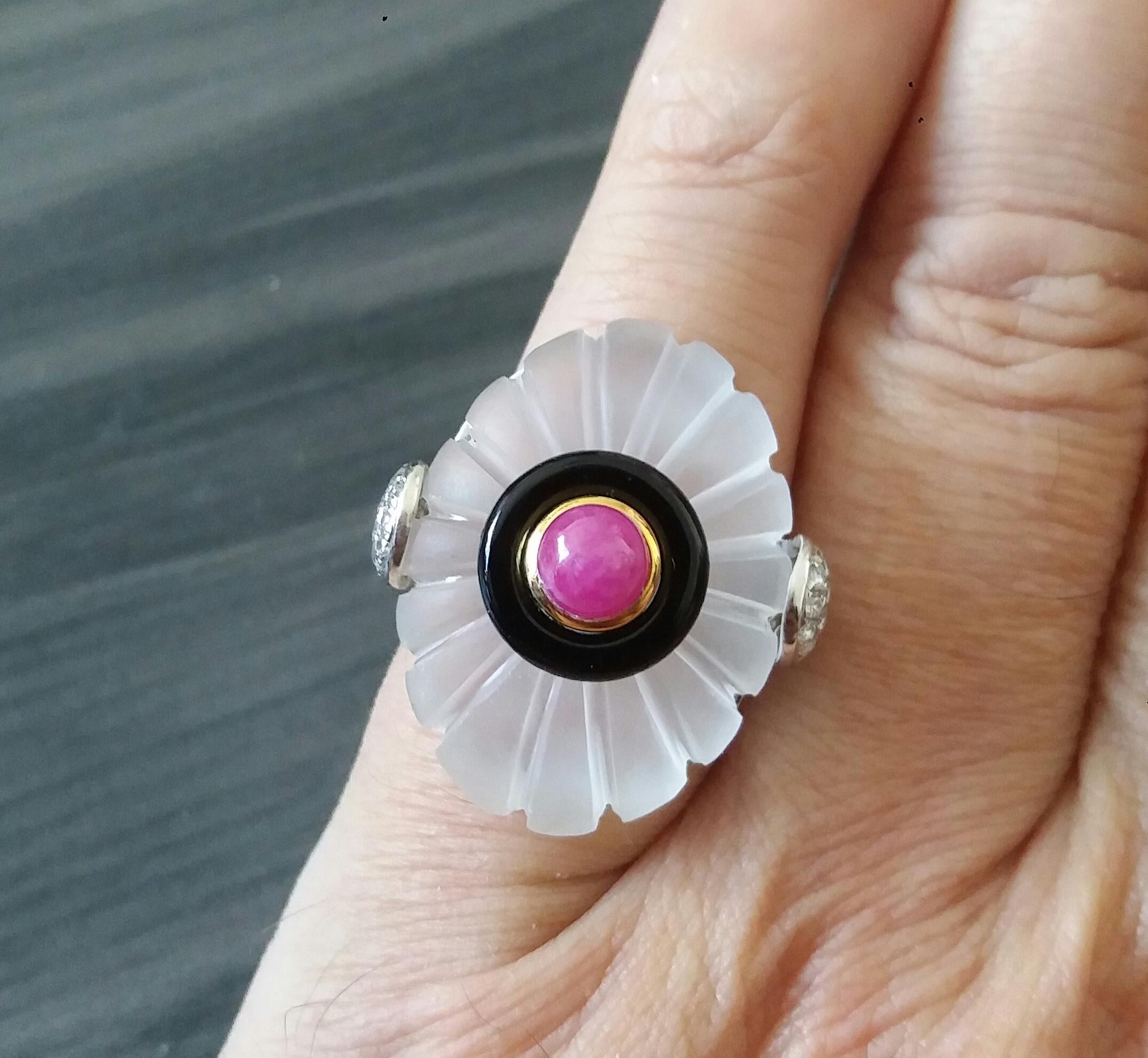 For Sale:  Art Deco Style Engraved Quartz Black Onyx Ruby Cab Gold Diamonds Cocktail Ring 7