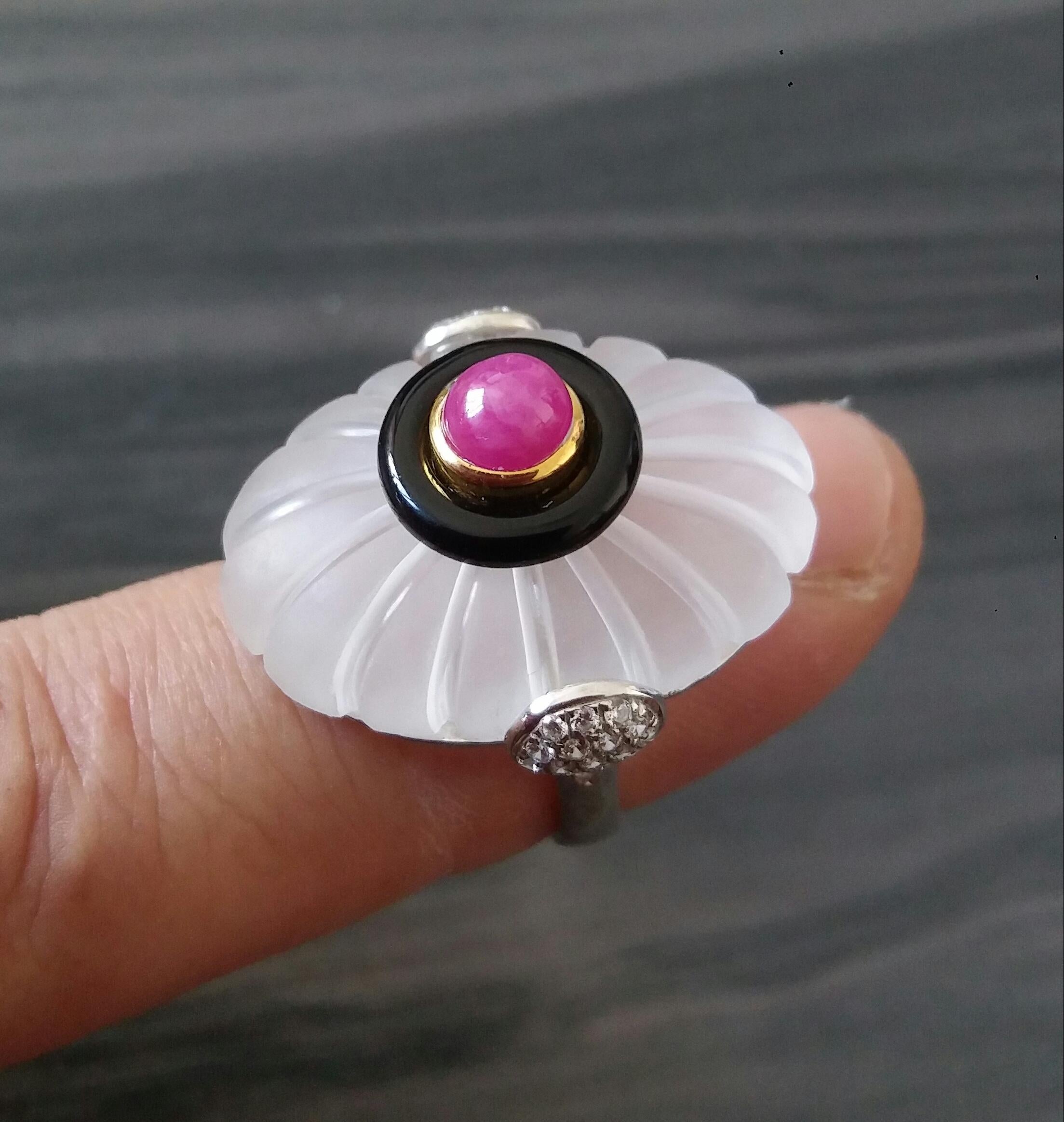 For Sale:  Art Deco Style Engraved Quartz Black Onyx Ruby Cab Gold Diamonds Cocktail Ring 8