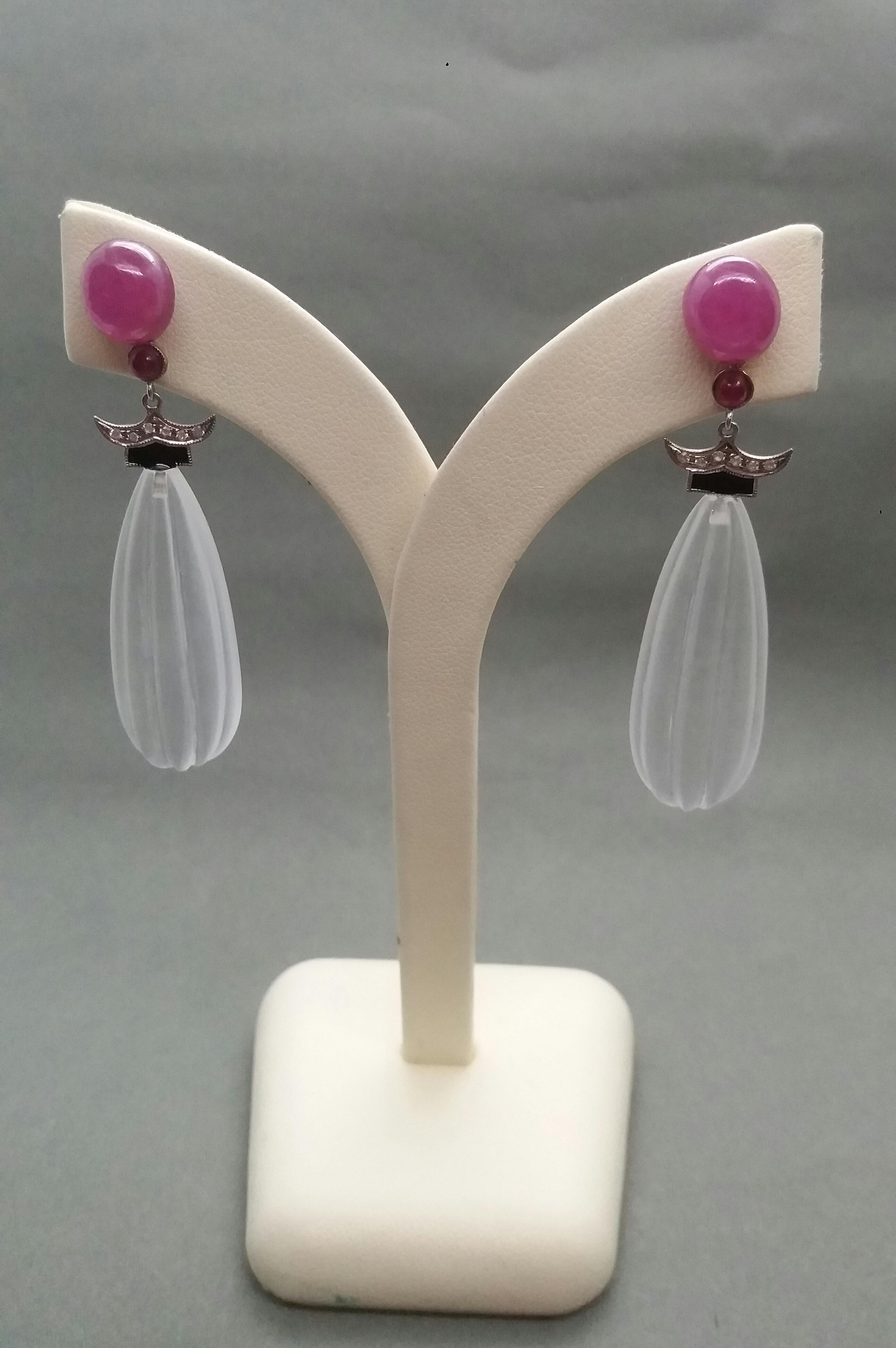 Mixed Cut Art Deco Style Engraved Rock Crystal Enamel Ruby Gold Diamonds Drop Earrings For Sale